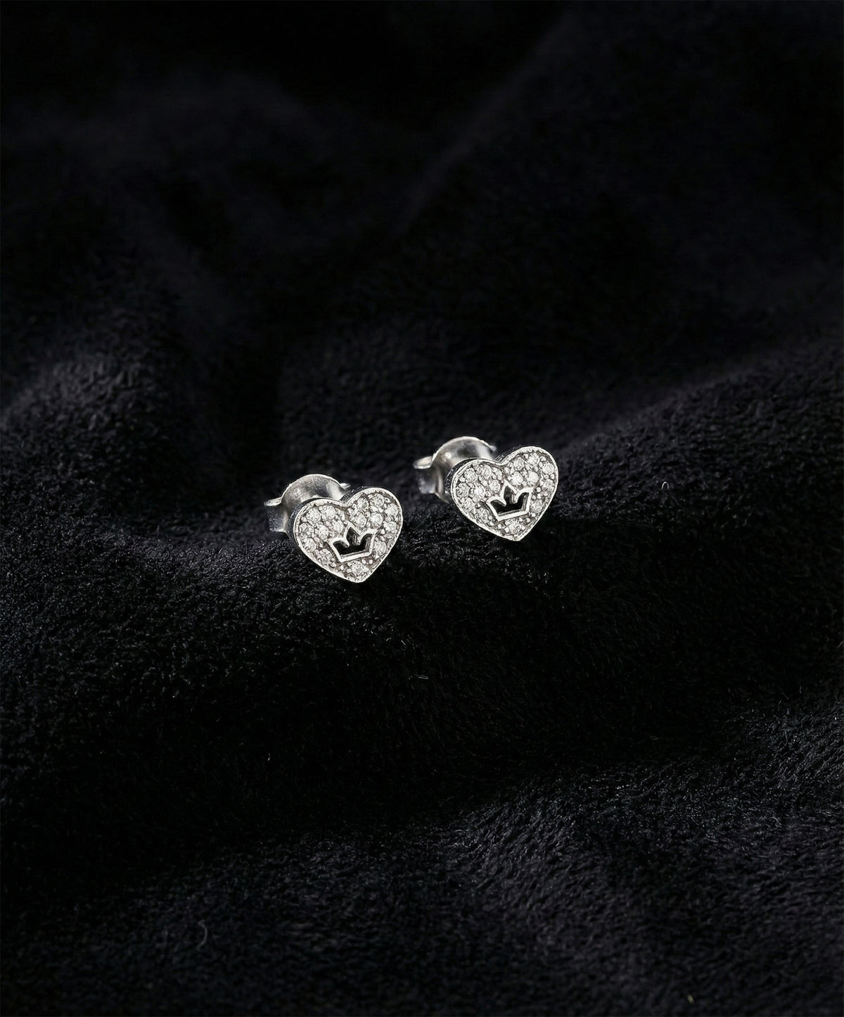 Rhodium Plated Crown Heart Zircon Stud Earrings in 925 sterling silver