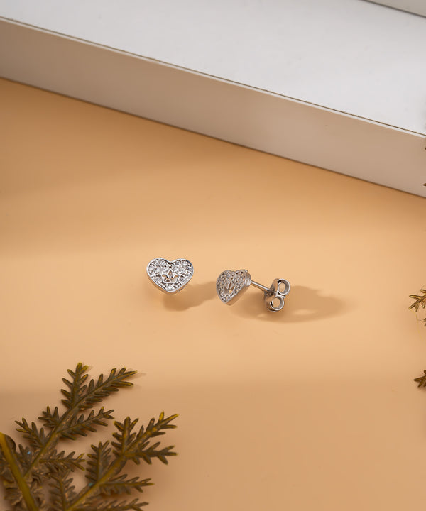 925 Sterling Silver Rhodium Plated Zircon Stone Crown Figured Heart Minimal Stud Earrings