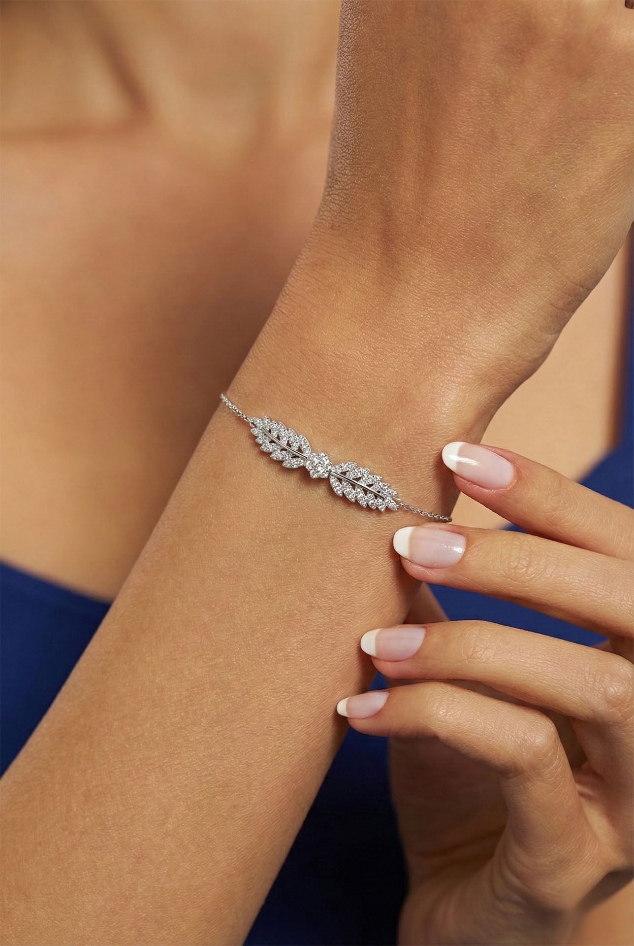 CZ Leaf Motif Sparkly Bracelet Rhodium Plated Silver