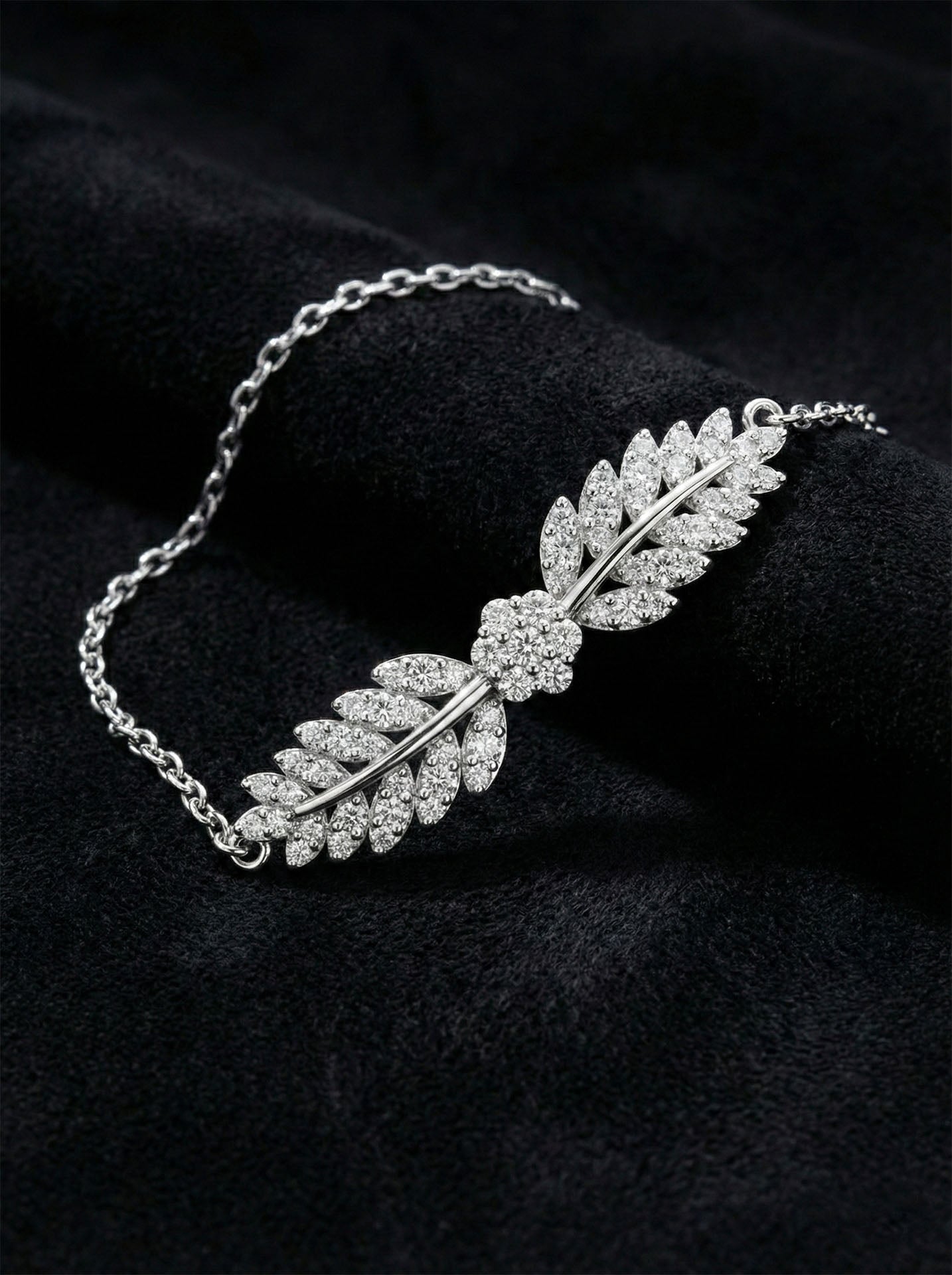CZ Leaf Motif Sparkly Bracelet Rhodium Plated Silver
