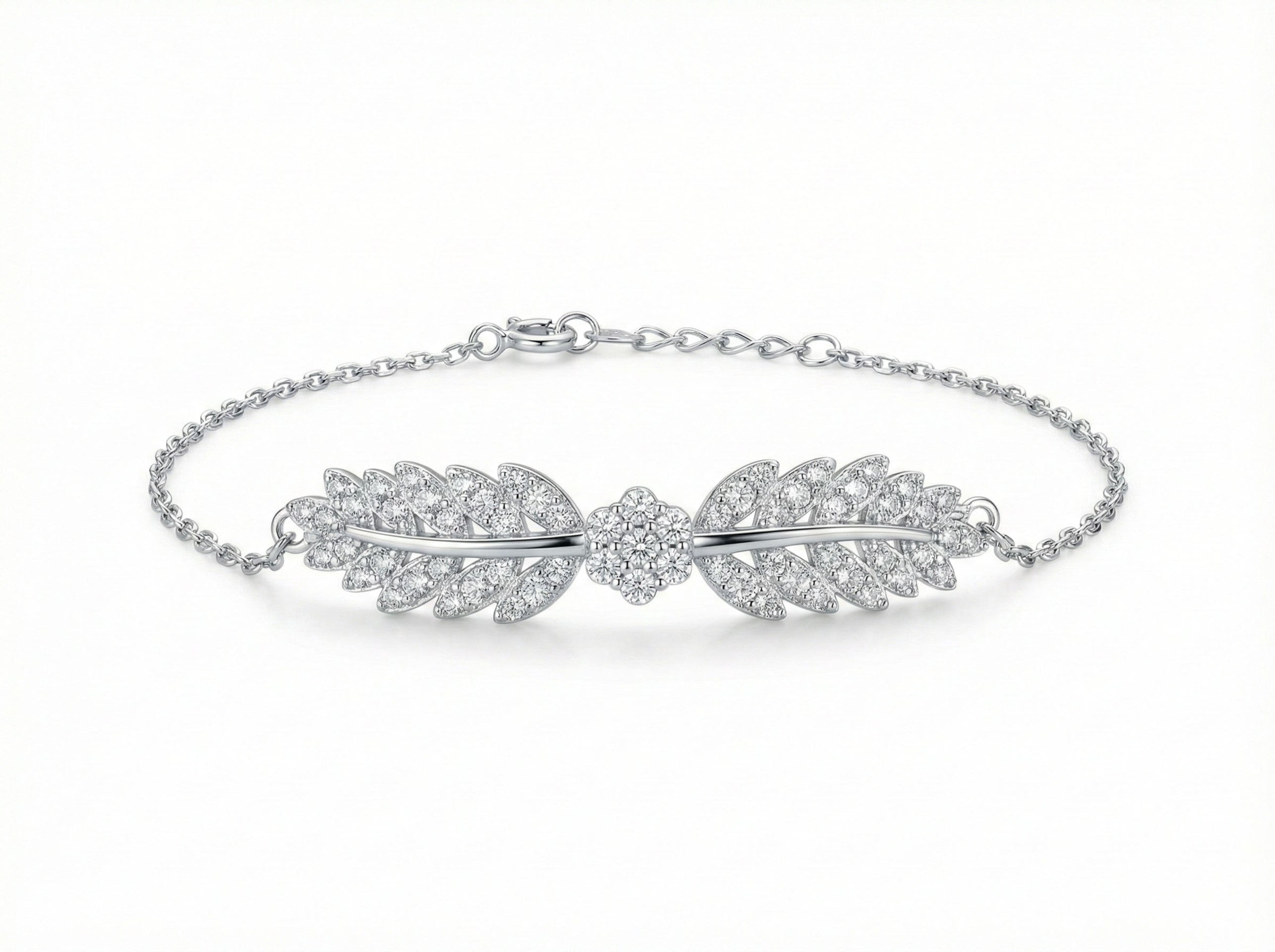 CZ Leaf Motif Sparkly Bracelet Rhodium Plated Silver