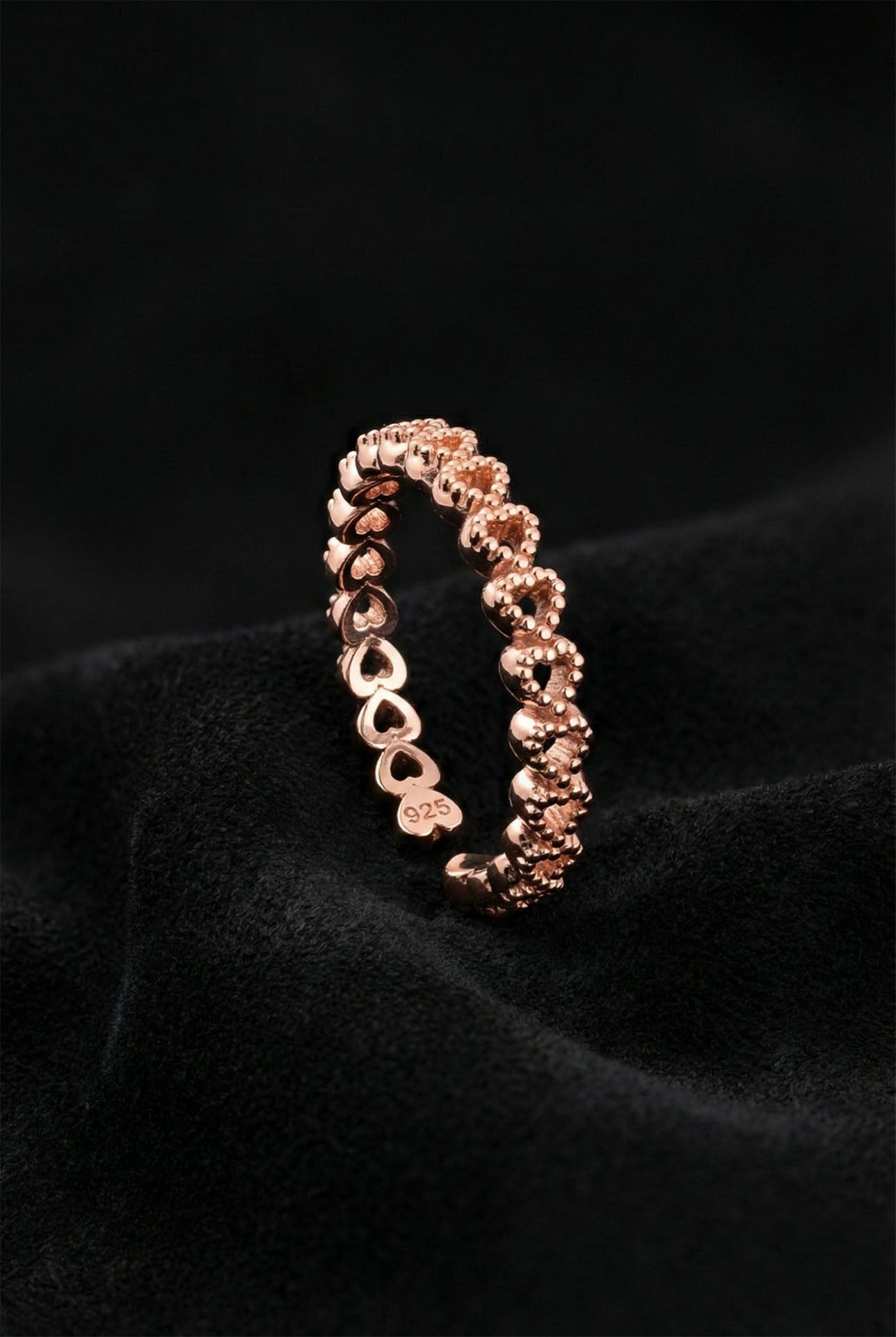 925 Sterling Silver Rose Full Eternity Heart Adjustable Ring