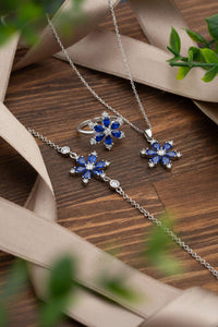 925 Sterling Silver Sapphire Rhodim Lotus Flower 3-Piece Set