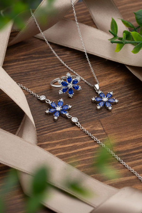 925 Sterling Silver Sapphire Rhodim Lotus Flower 3-Piece Set