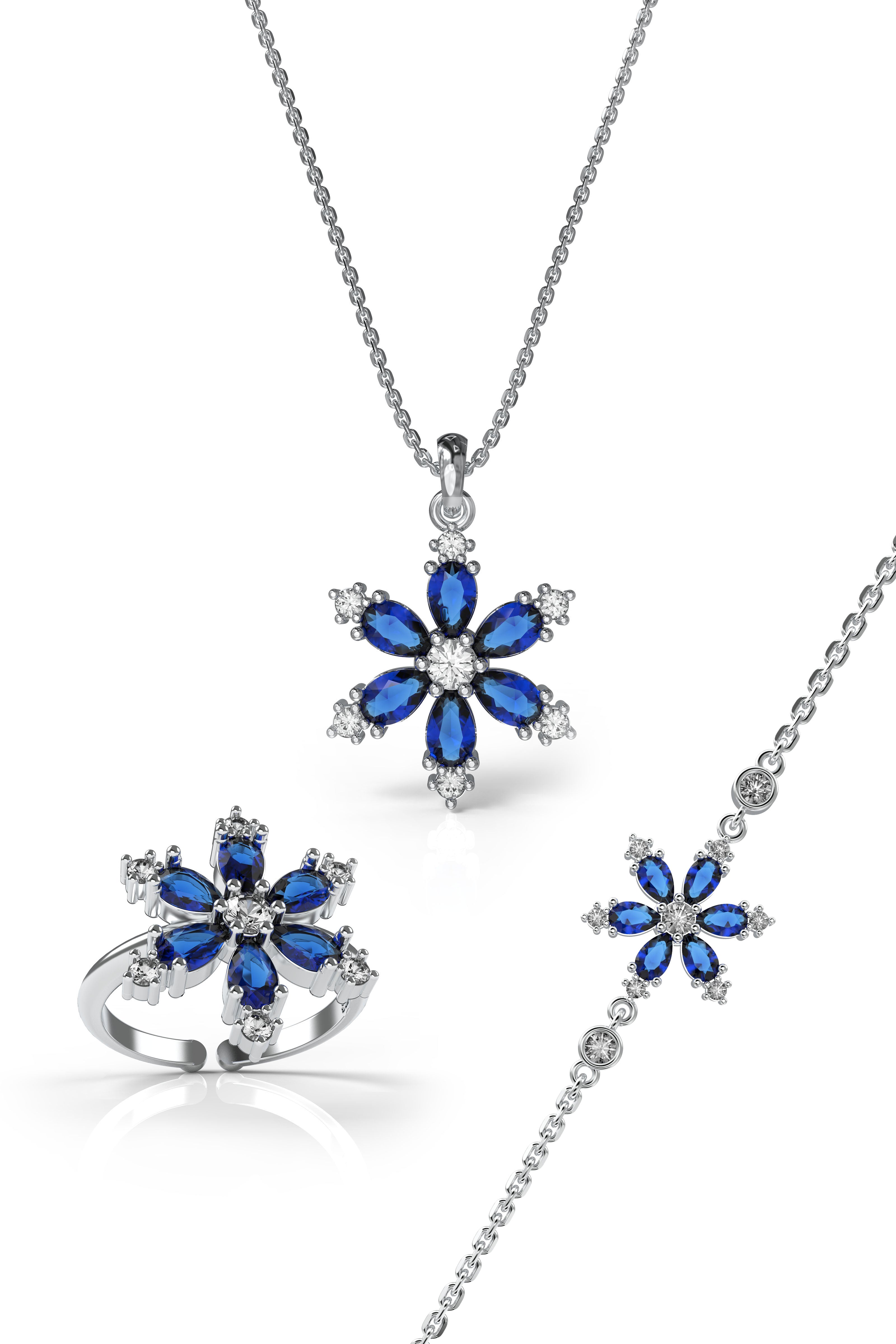 Sapphire Lotus Flower Set Rhodium Plated Silver