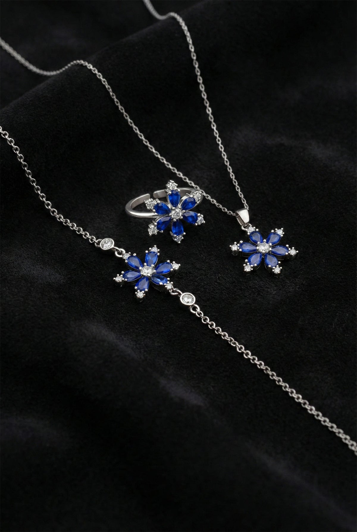 Parure de bijoux 3 pièces fleur de lotus saphir en argent sterling 925