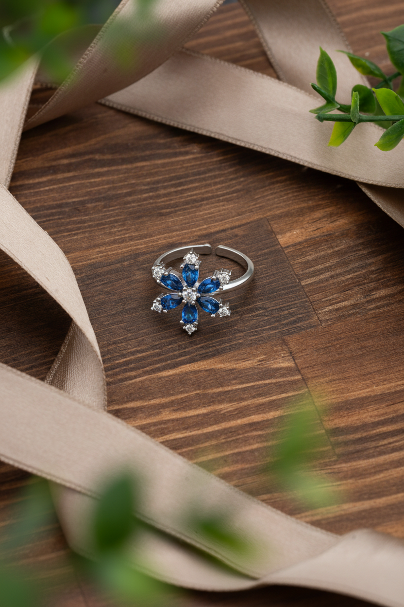 Saphir-Lotosblume - Verstellbarer Zirkonia-Ring | 925er Silber