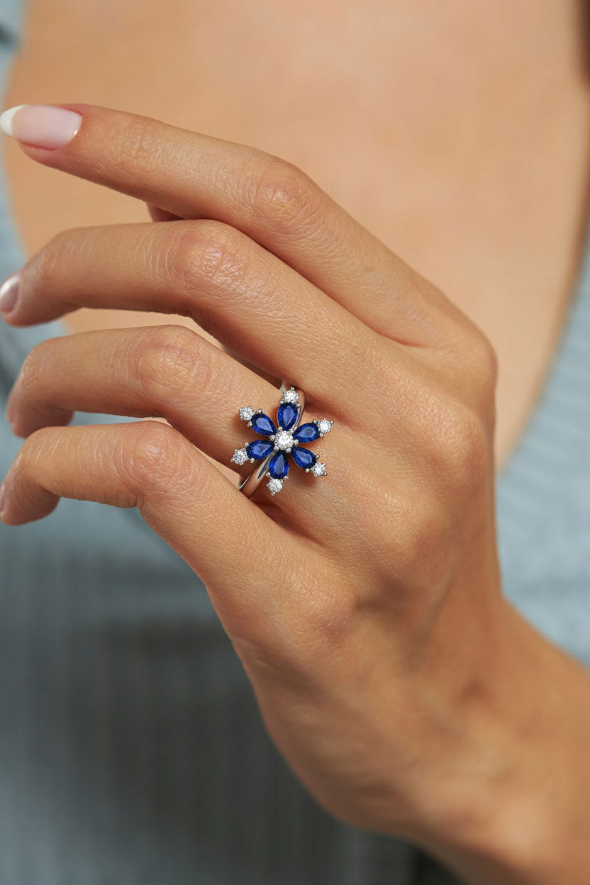 Sapphire Lotus Flower Ring Rhodium Plated Silver