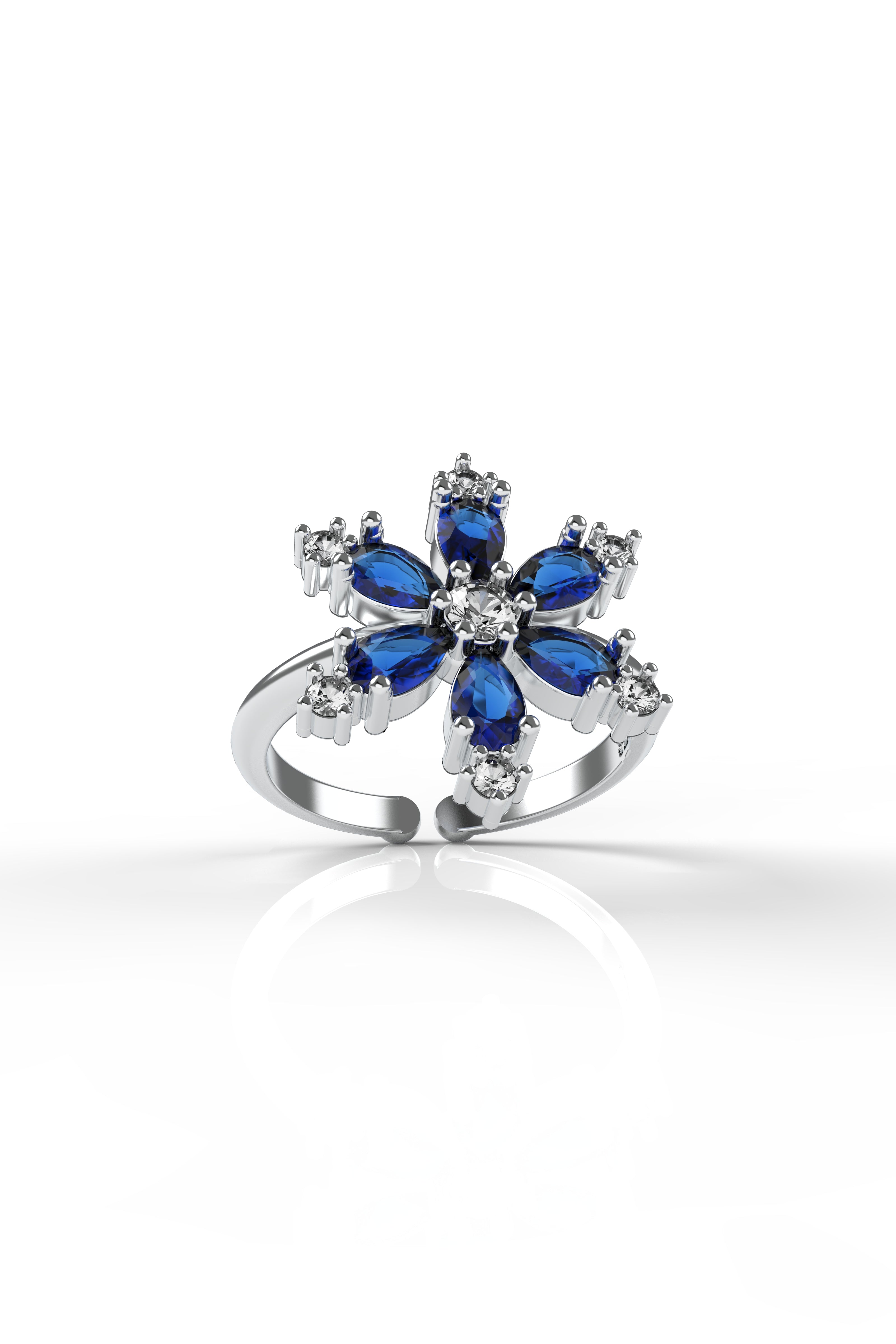 Sapphire Lotus Flower Ring Rhodium Plated Silver
