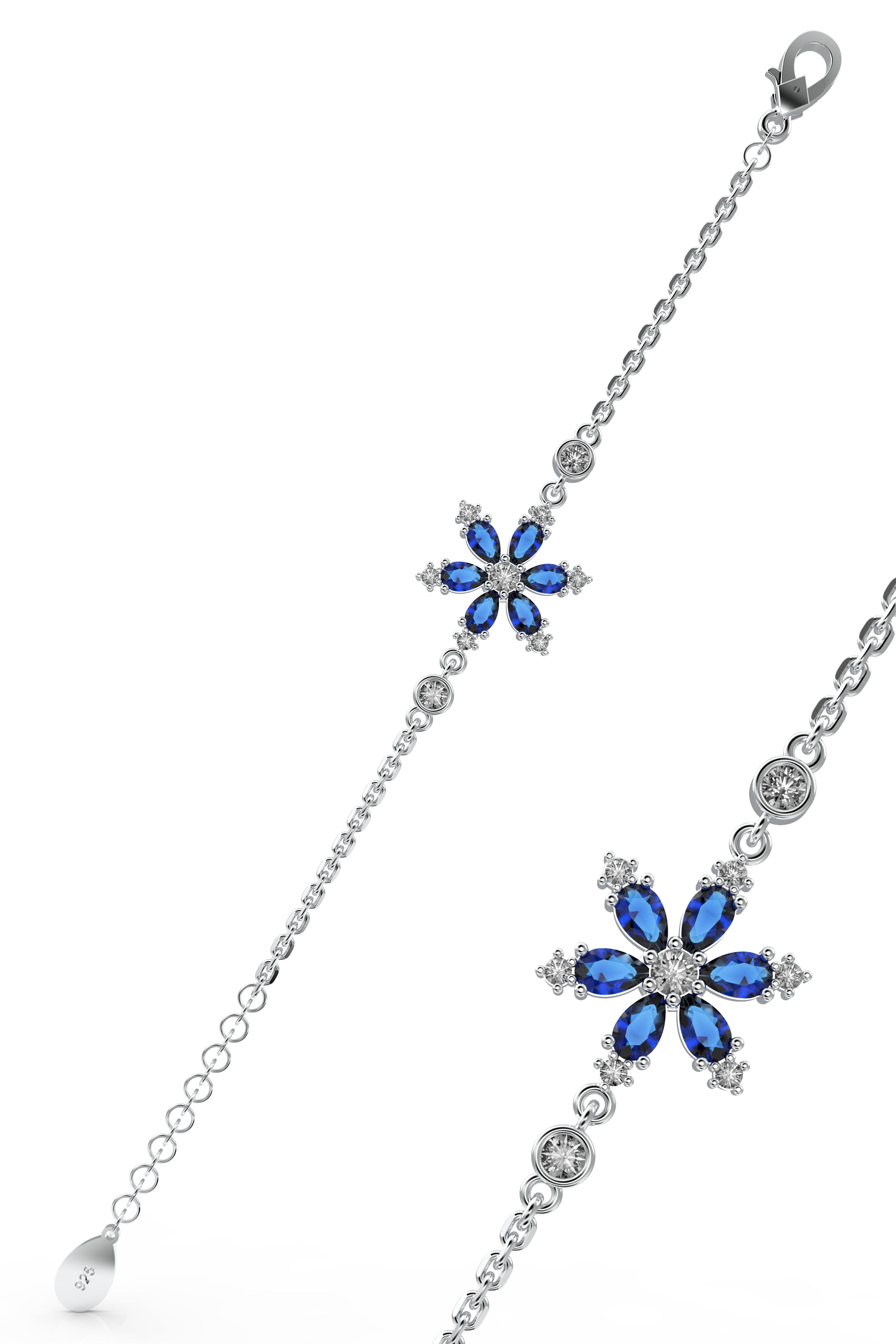 Sapphire Lotus Flower Bracelet Rhodium Plated Silver