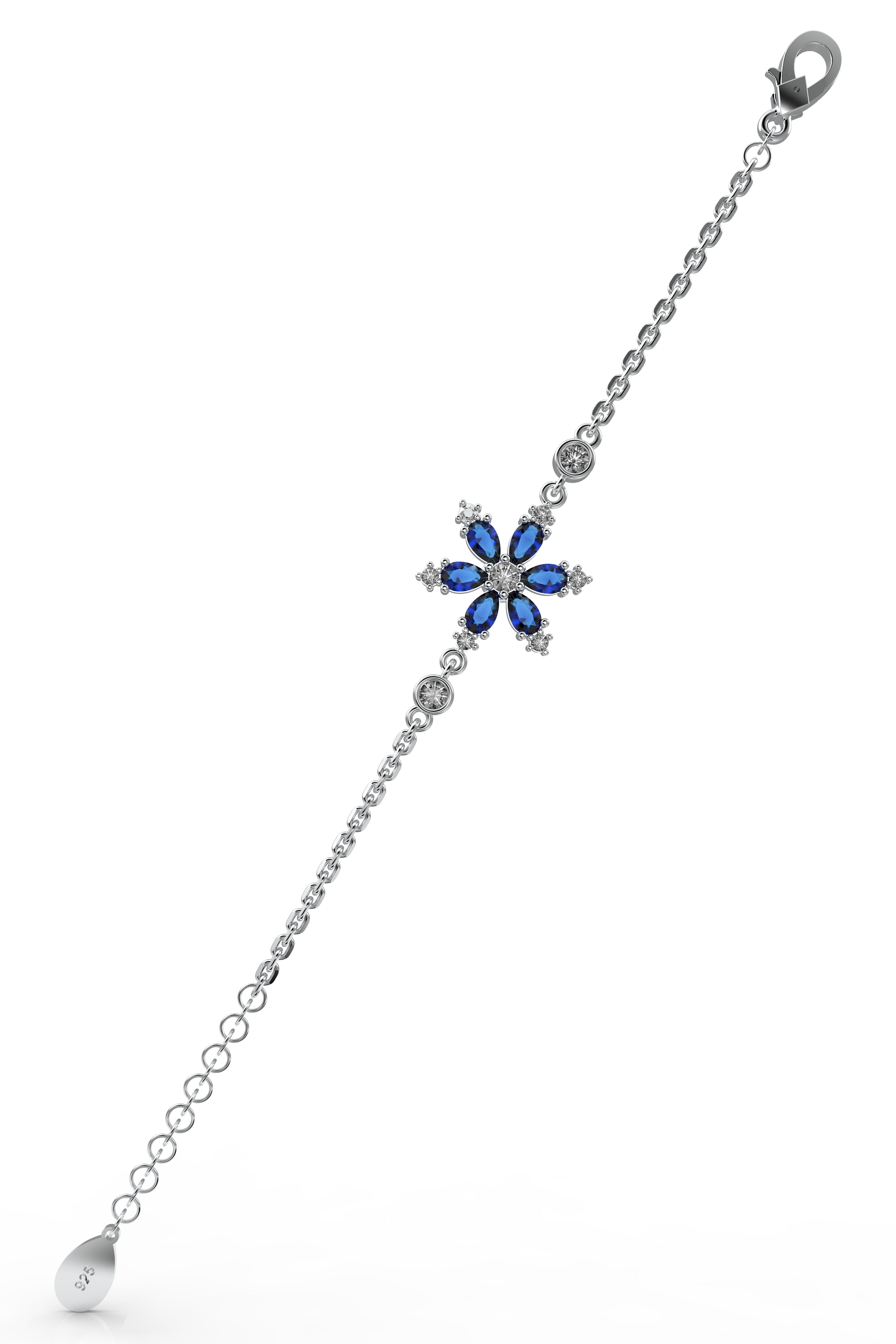 Sapphire Lotus Flower Bracelet Rhodium Plated Silver
