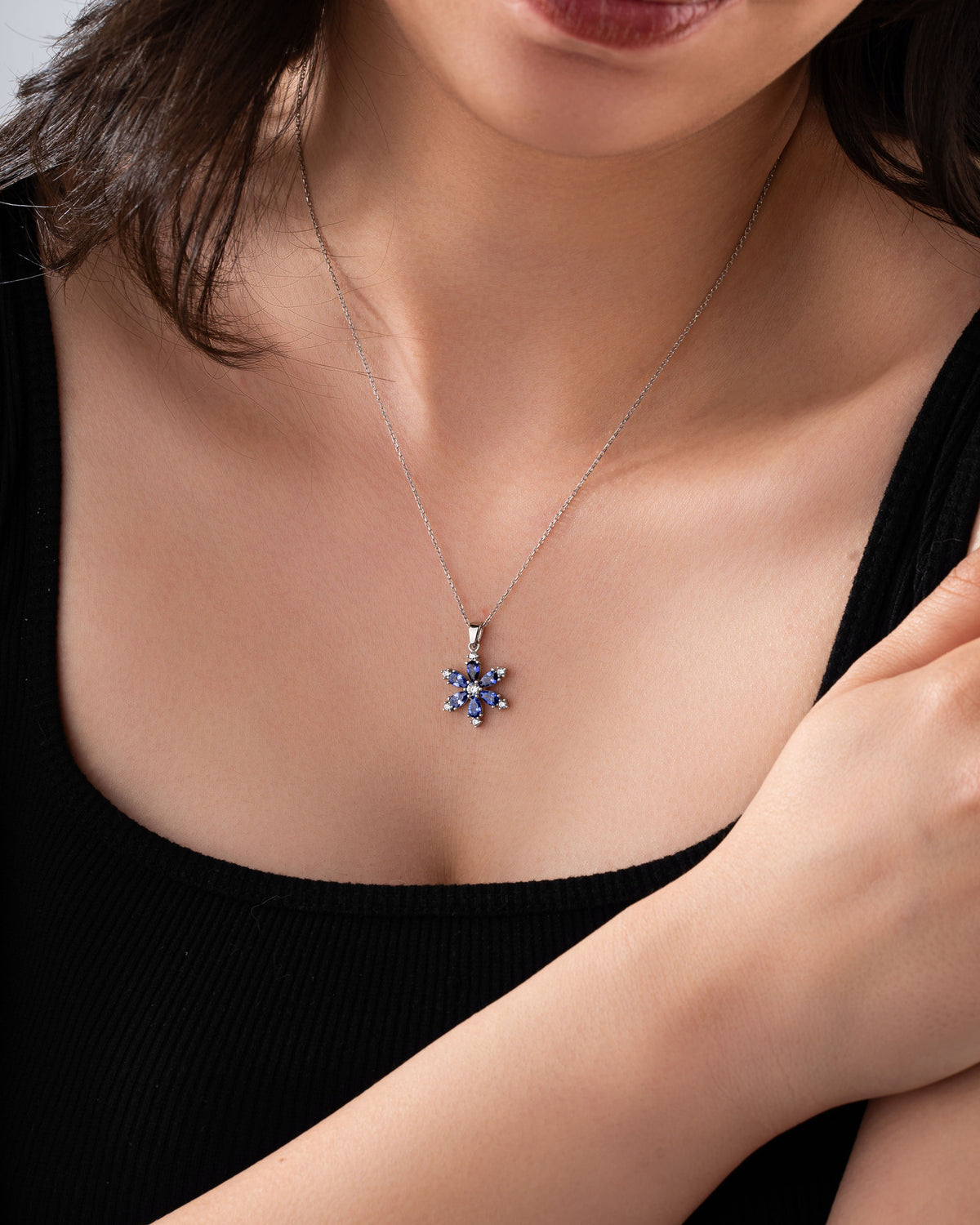 Rhodium Sapphire Zircon Lotus Flower Necklace | 925 Silver