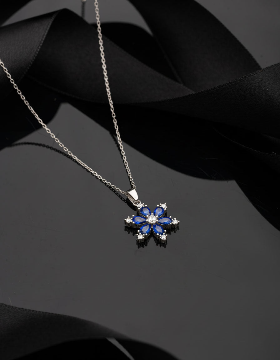 Rhodium Sapphire Zircon Lotus Flower Necklace | 925 Silver