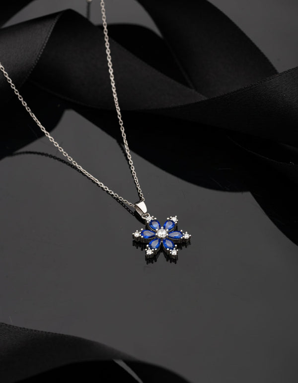 925 Sterling Silver Rhodium Plated Sapphire Lotus Flower Necklace