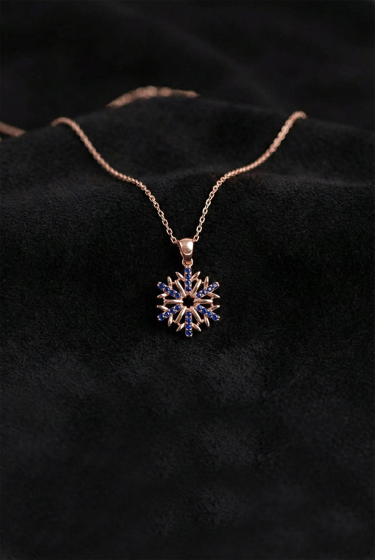 Rose Gold Sapphire Snowflake Necklace Blue in 925 sterling silver