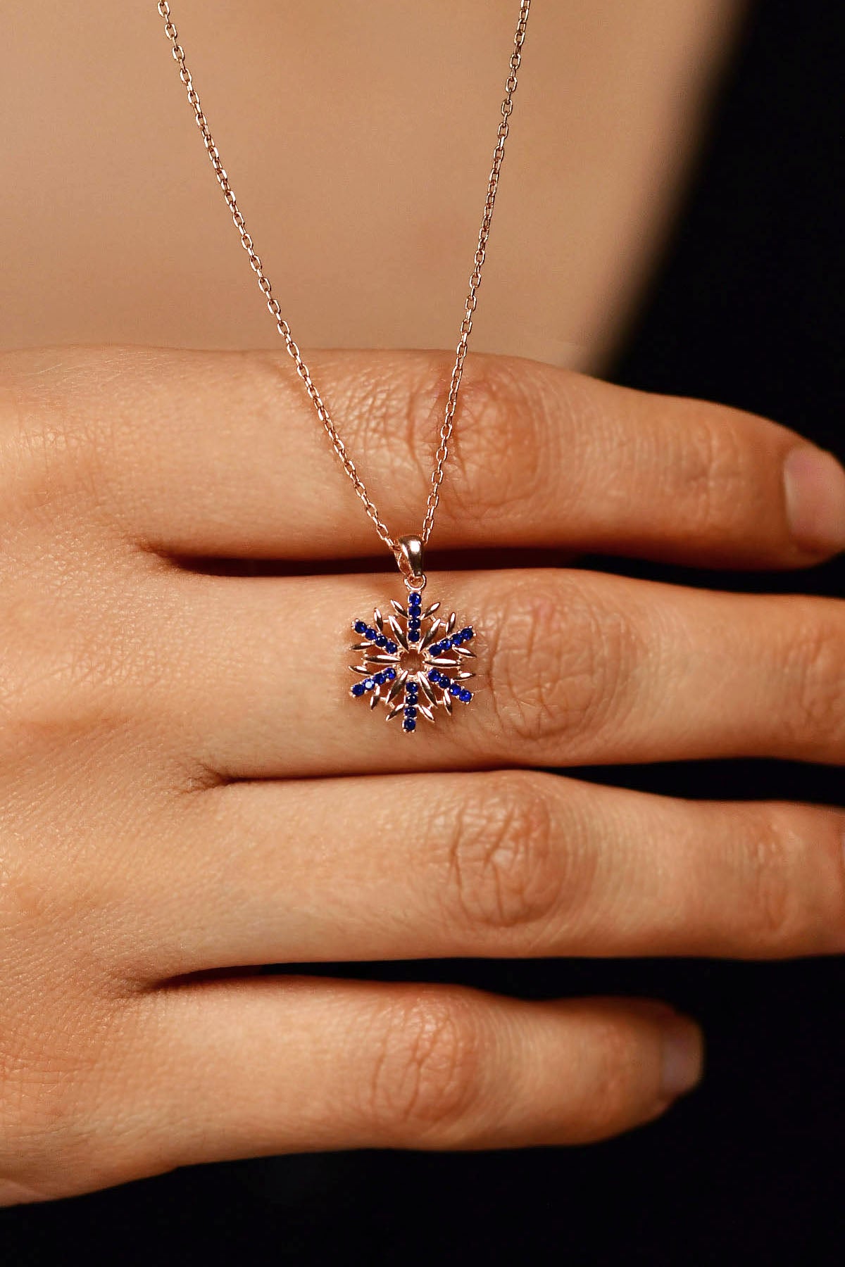 Rose Gold Sapphire Snowflake Necklace Blue in 925 sterling silver - view 2