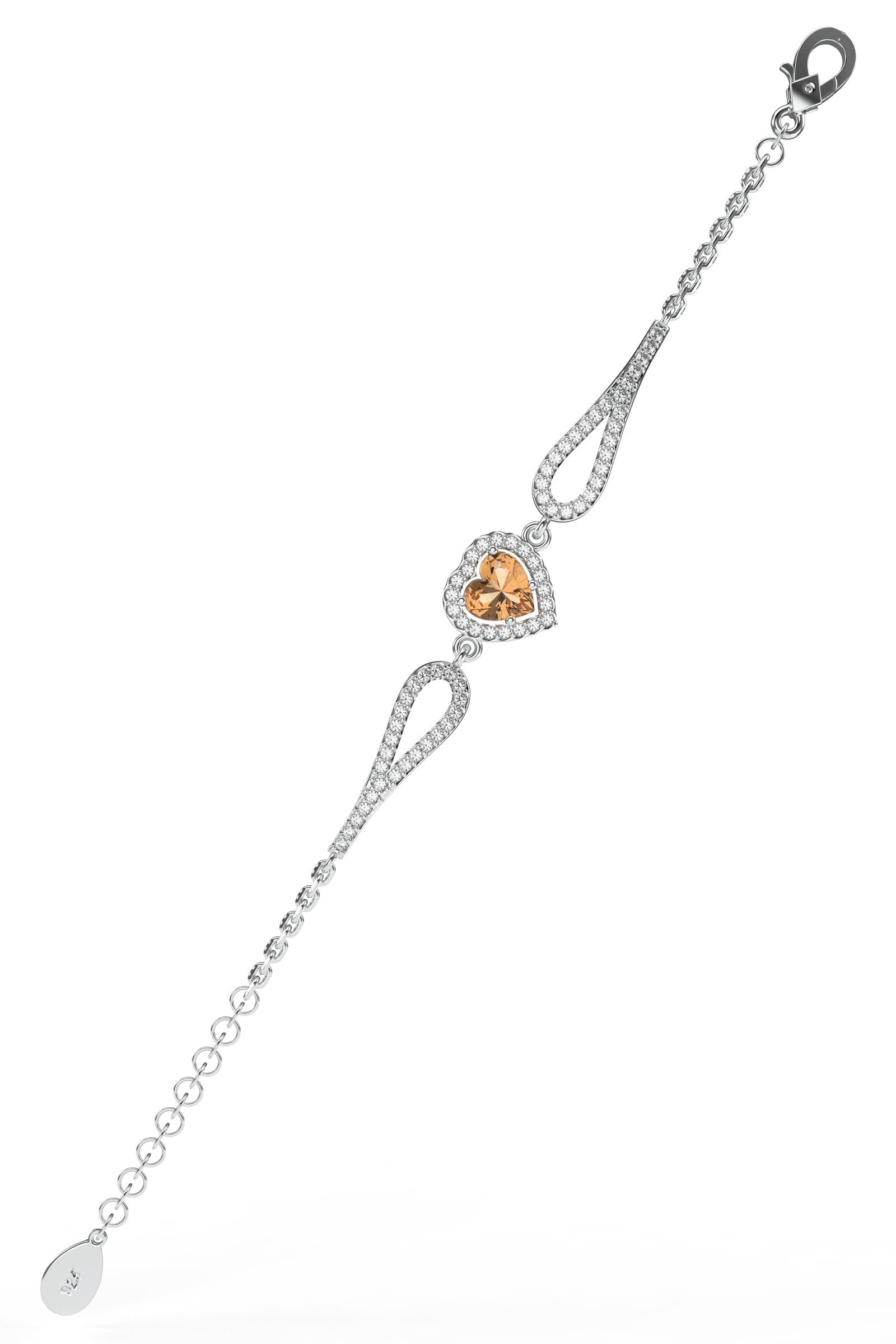 Citrine Sparkle Look Heart Bracelet Rhodium Plated Silver