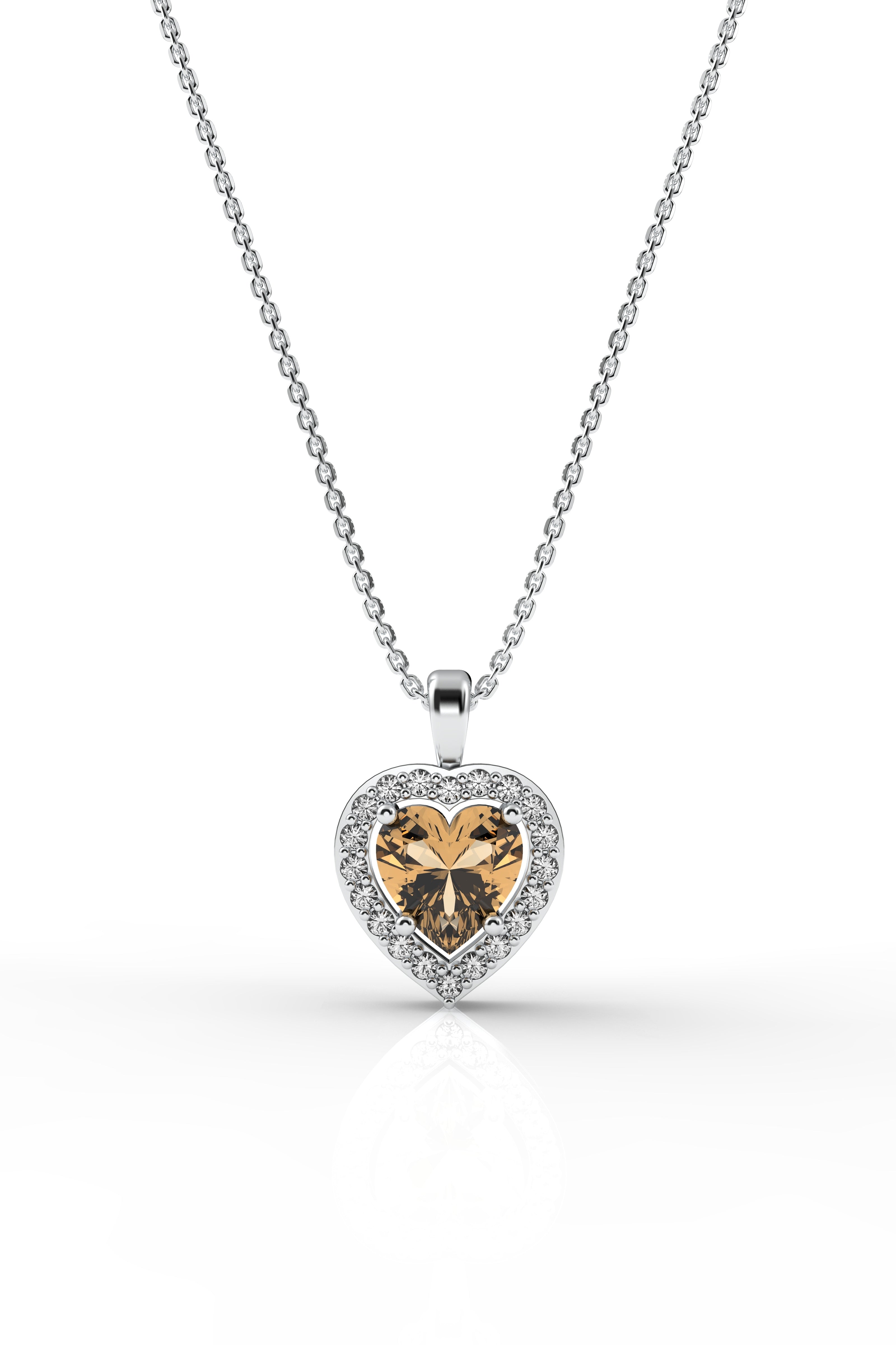 Citrine Sparkle Look Heart Necklace Rhodium Plated Silver