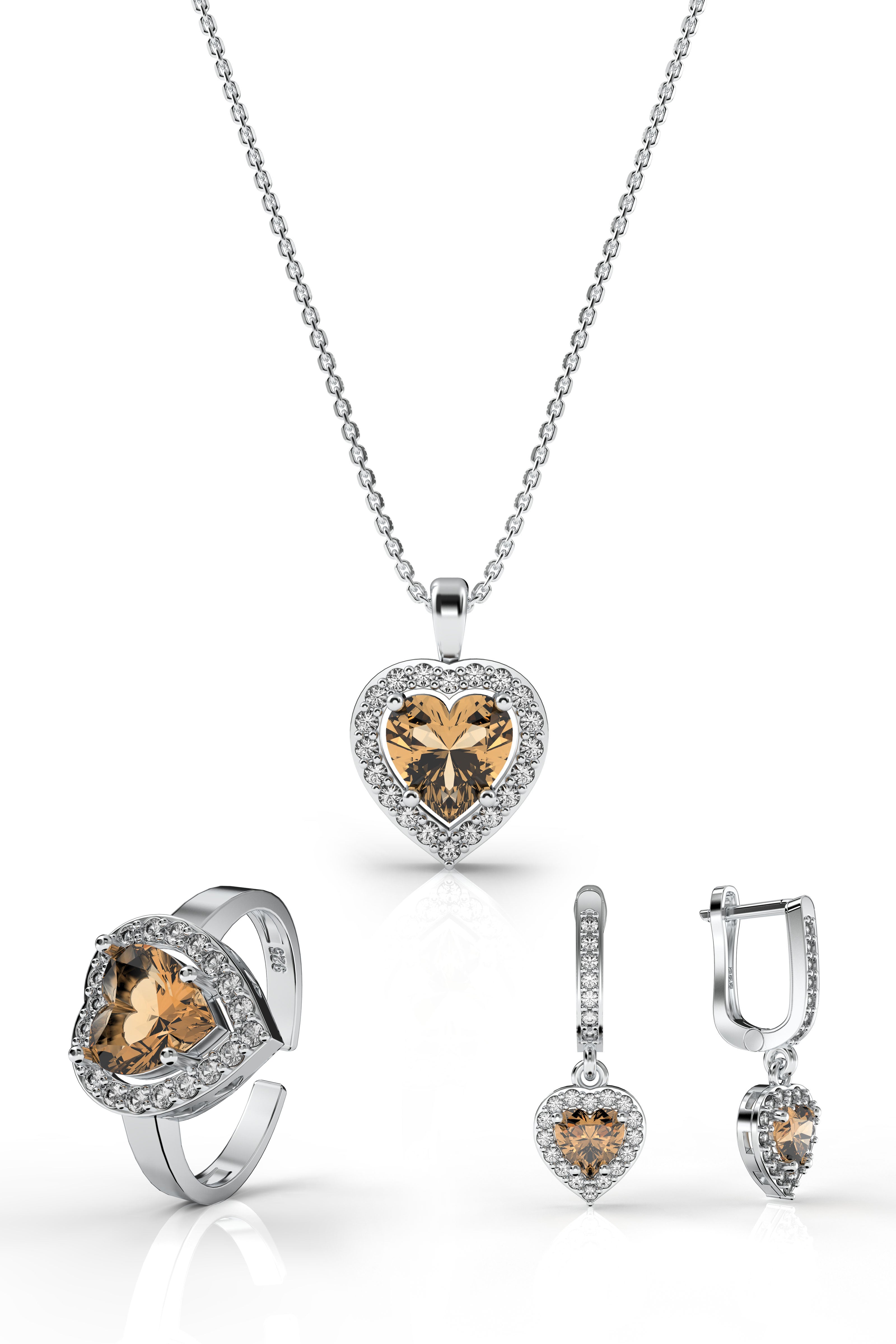 Citrine Sparkle Heart Set Rhodium Plated Silver