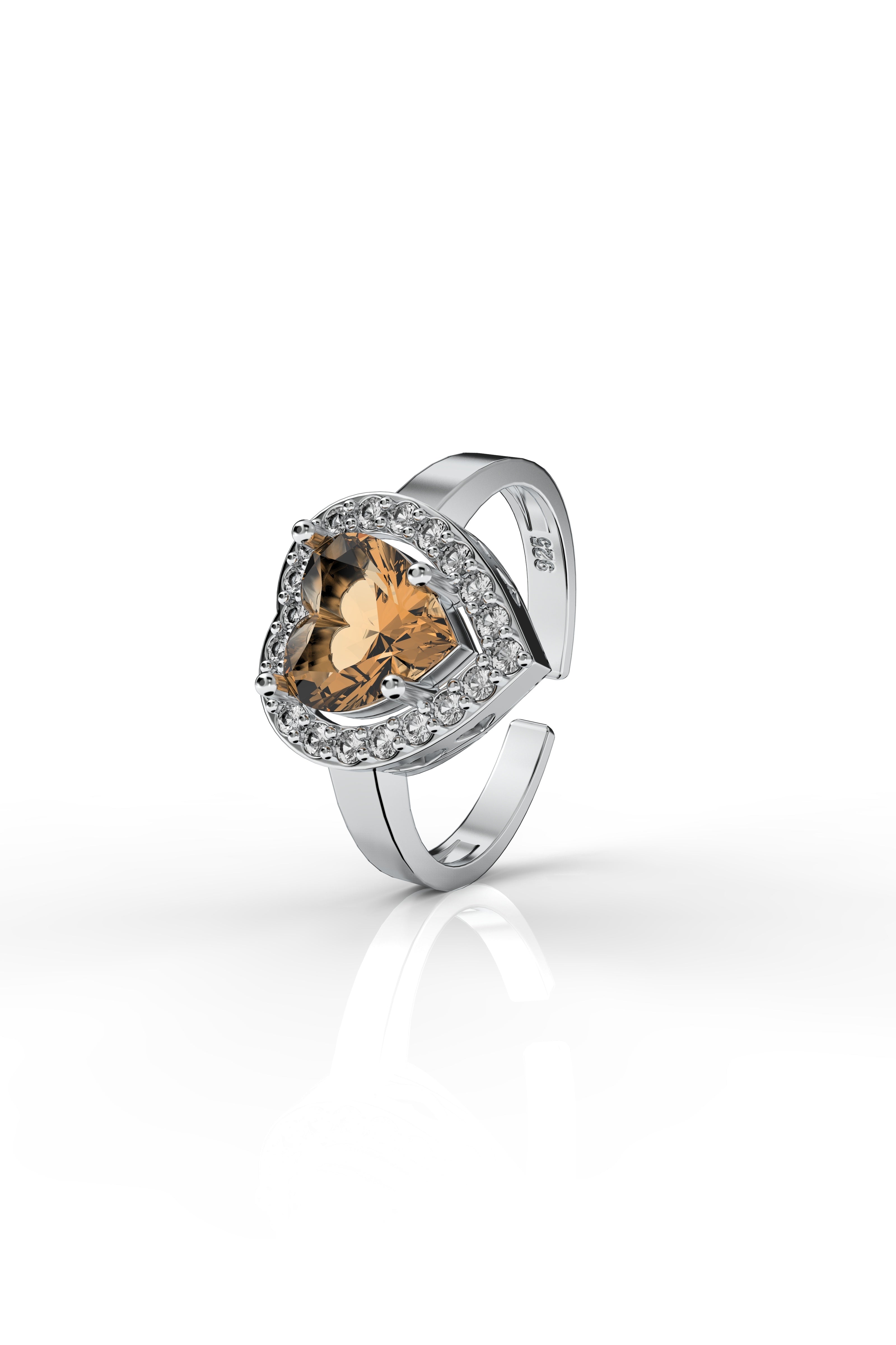 Citrine Sparkle Heart Ring Rhodium Plated Silver