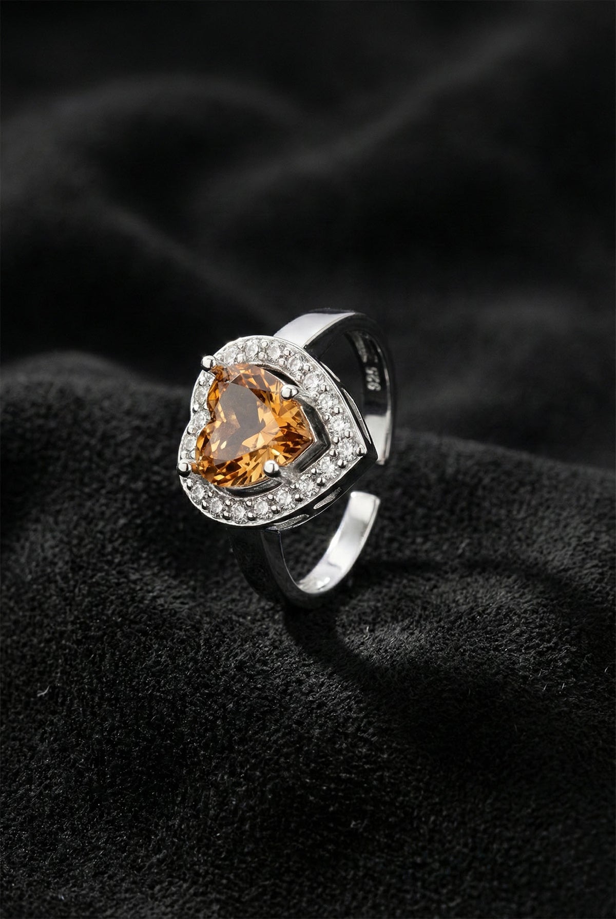Heart Citrine - Zircon Halo Adjustable Ring in 925 sterling silver