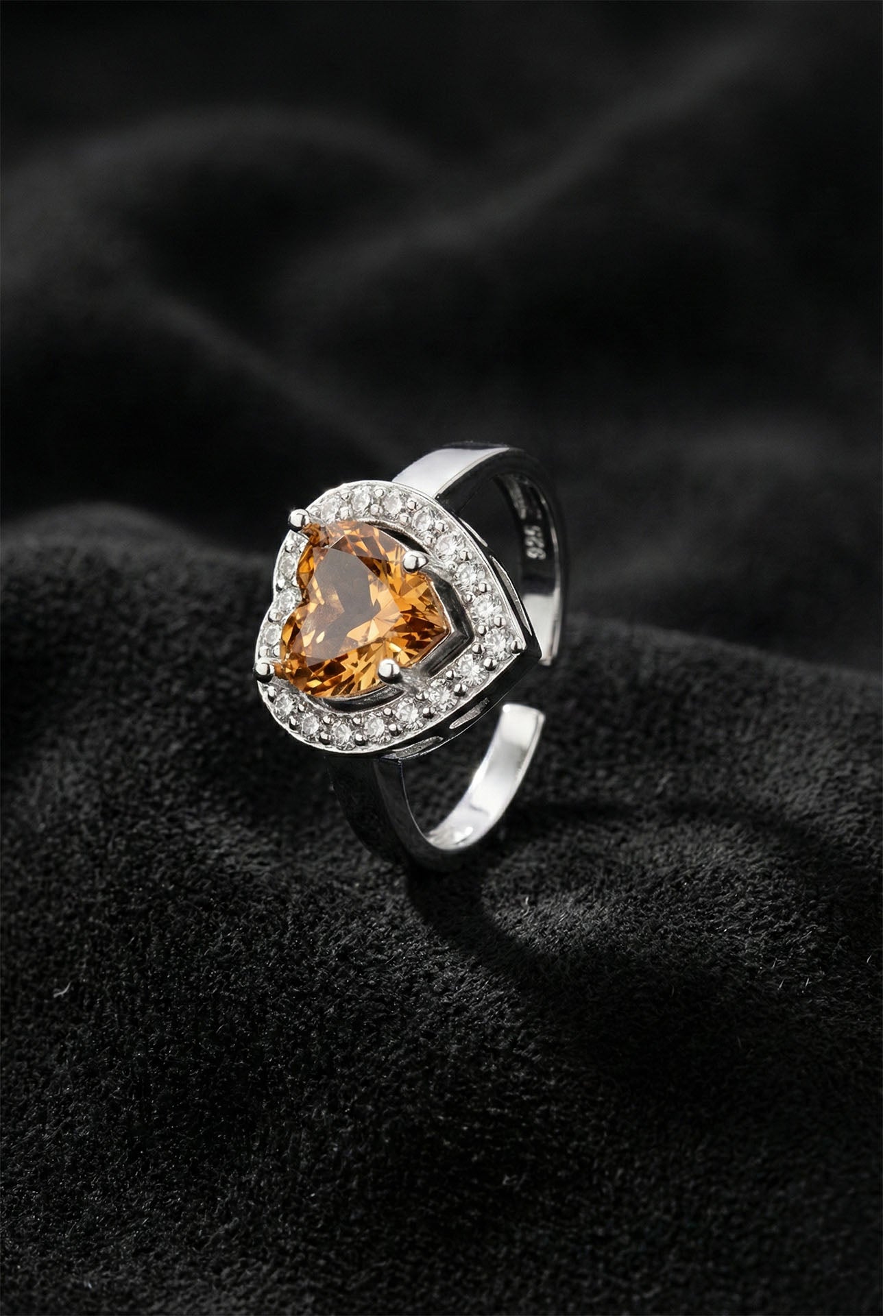 925 Sterling Silver Rhodium-Plated Citrine Heart Adjustable Ring with Diamond Sparkle