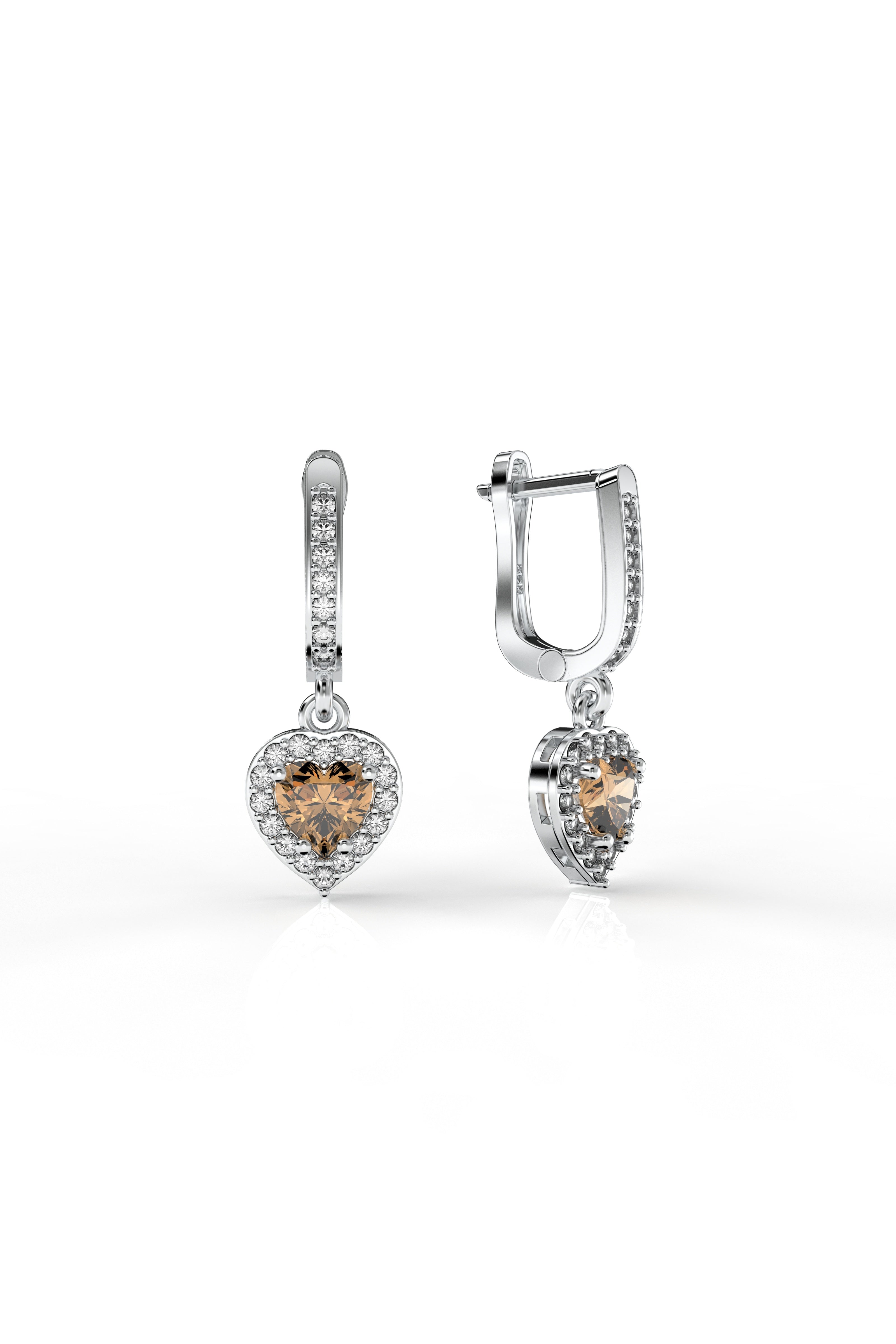 925 Sterling Silver Citrine Rodium Plated Diamond Shimmering Dangle Heart Earrings