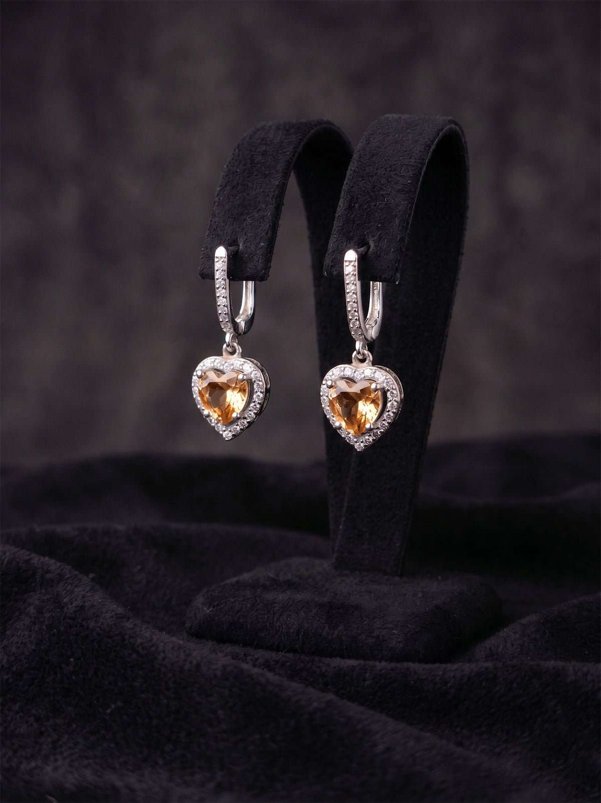 Citrine Yellow Heart Zircon Drop Earrings in 925 sterling silver