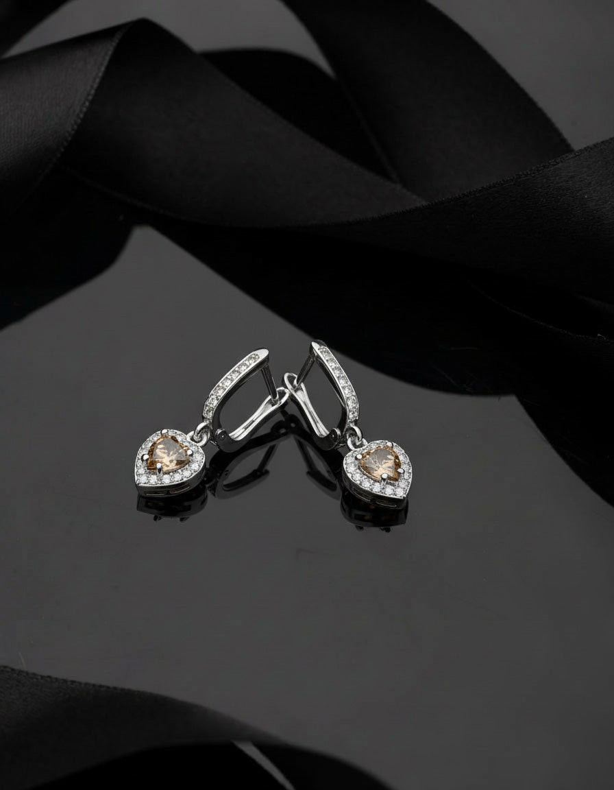 Citrine Yellow Heart Zircon Drop Earrings in 925 sterling silver - view 2