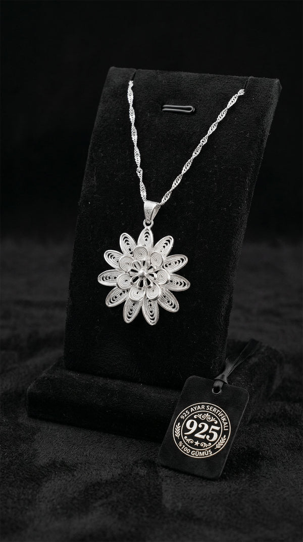 925 Sterling Silver Filigree Sunflower Medallion Necklace