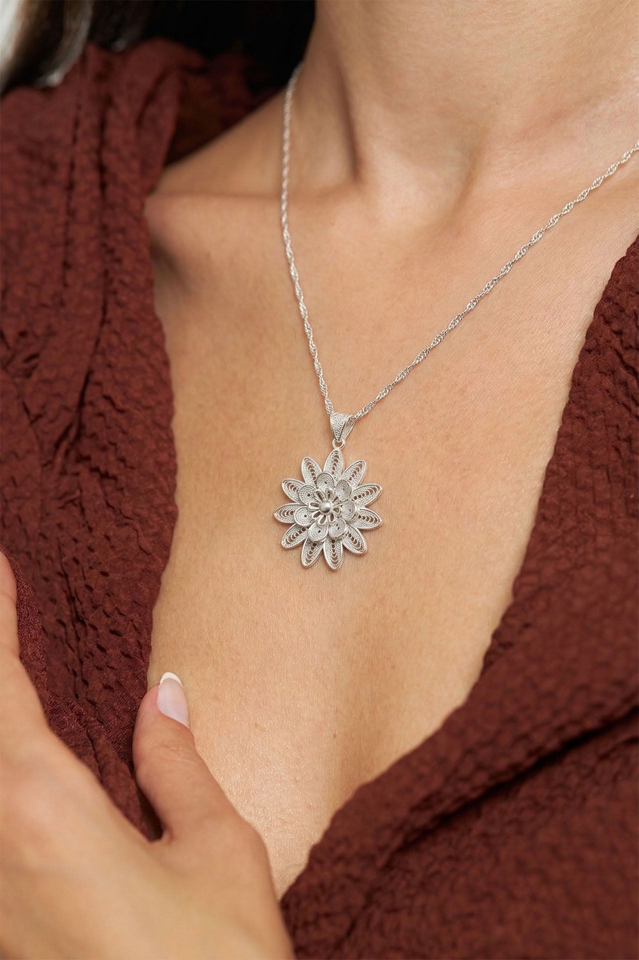 Filigree Handmade Sunflower Flower Medallion Necklace Silver