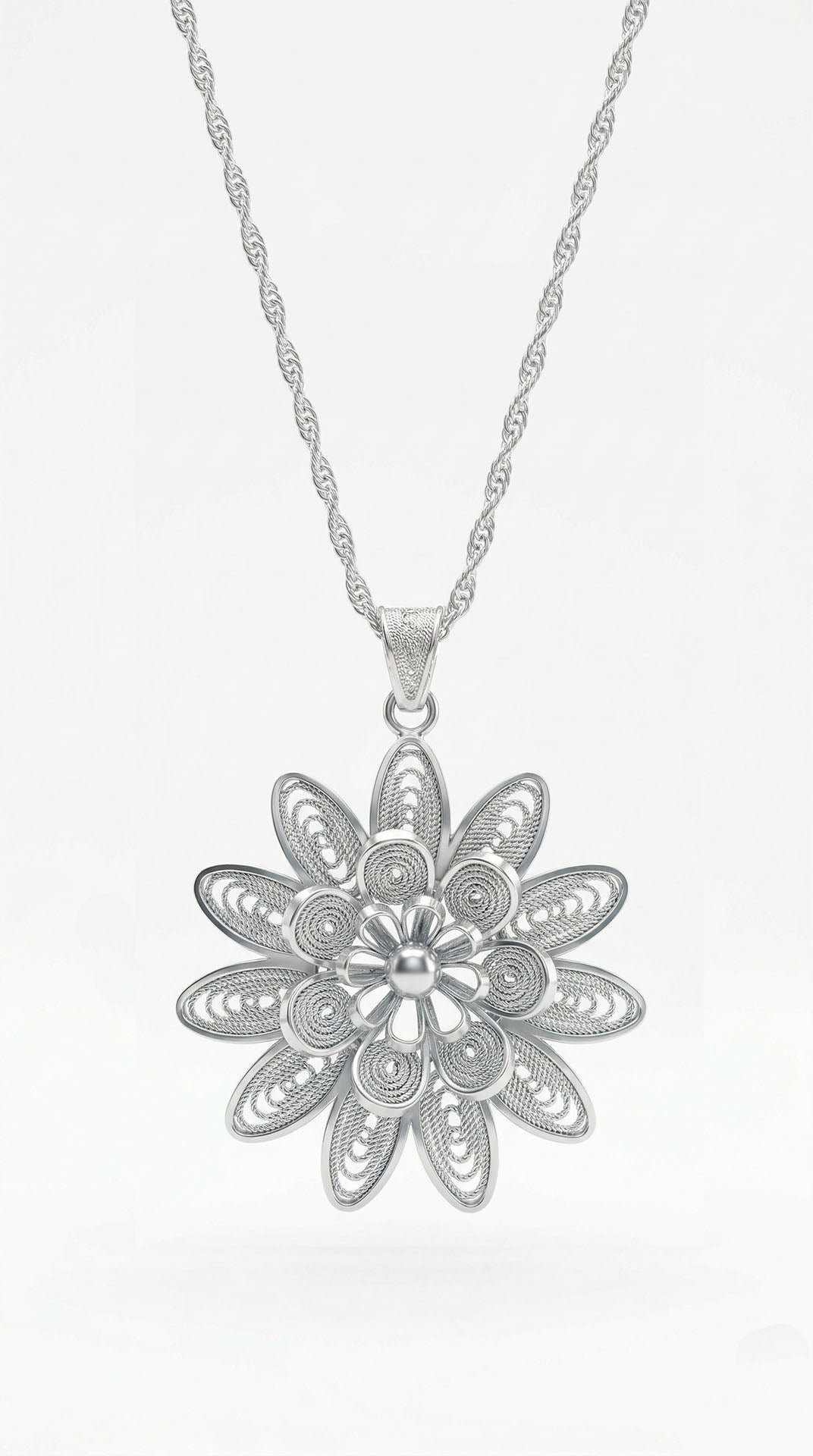 Filigree Handmade Sunflower Flower Medallion Necklace Silver