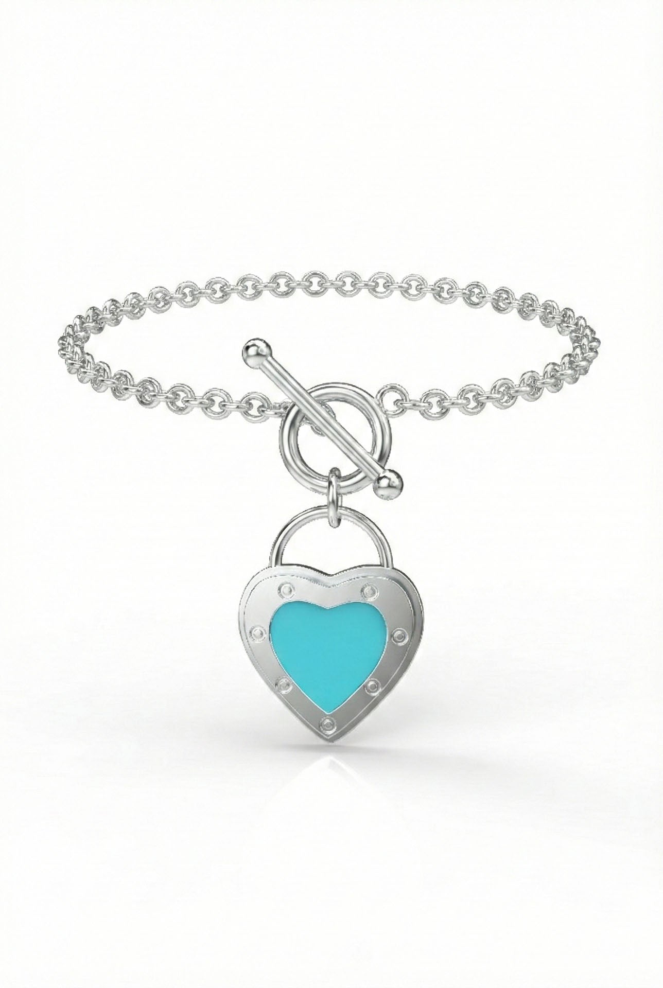 Turquoise Enamel Heart Lock Detailed Charm Bracelet Silver