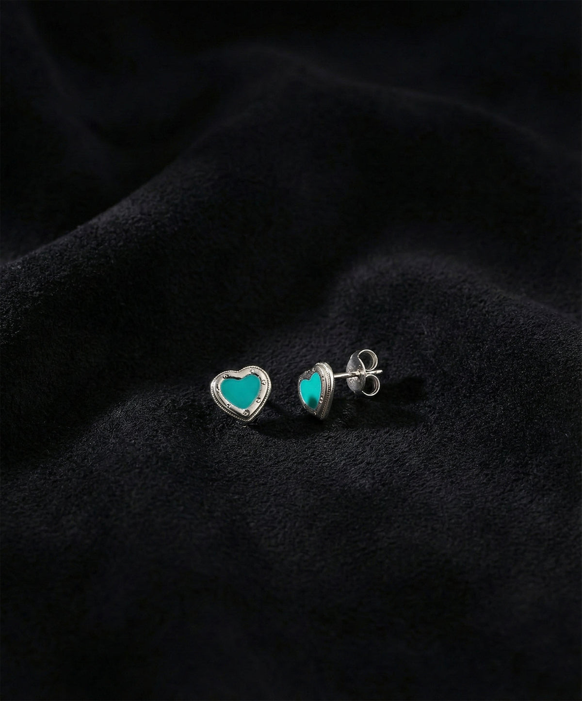 Rhodium Turquoise Enamel Heart Stud Earrings in 925 sterling silver