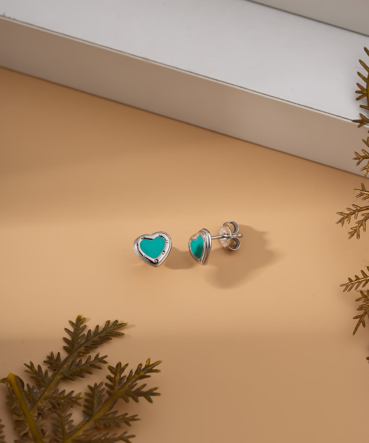 Rhodium Turquoise Enamel Heart Stud Earrings | 925 Silver