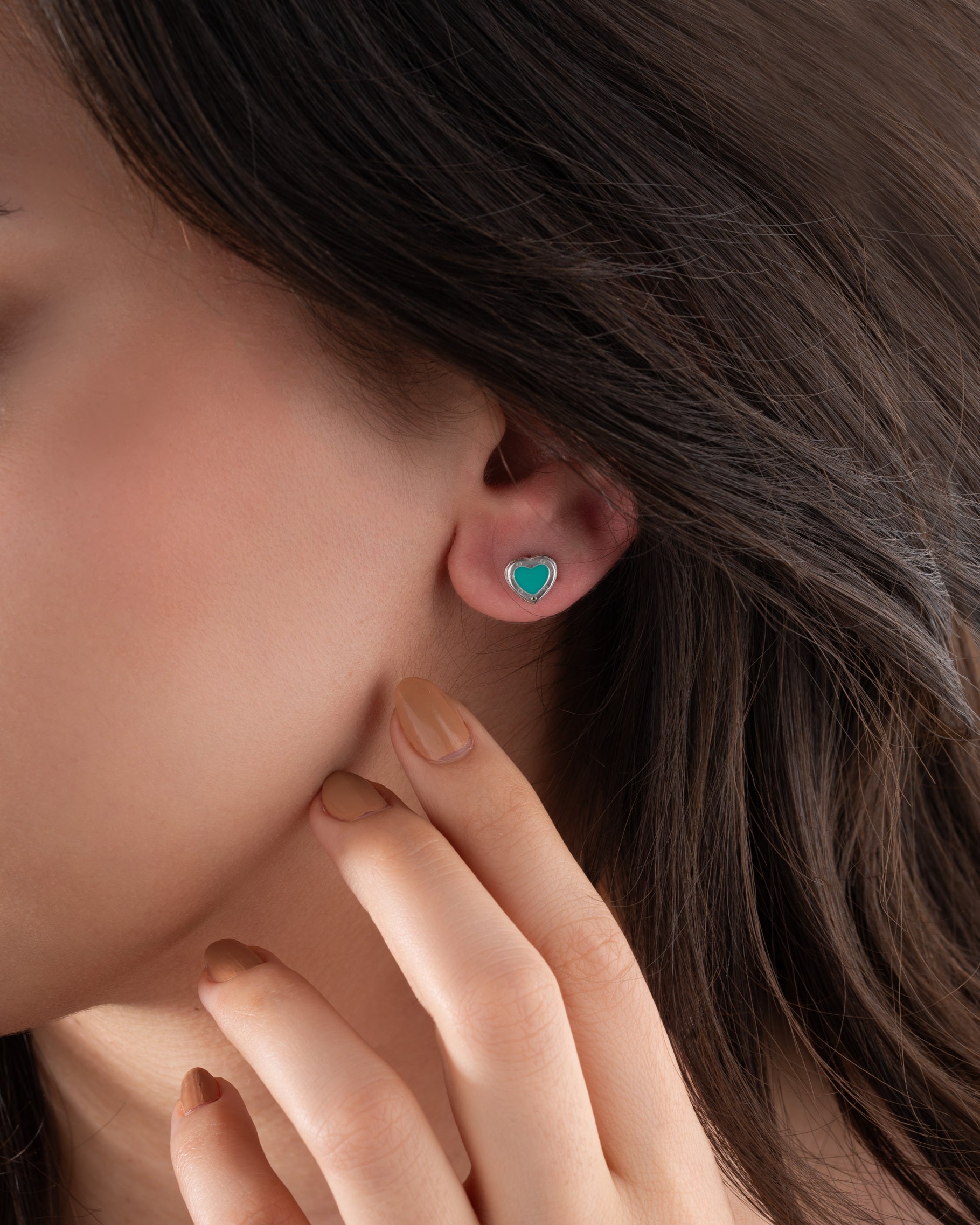 Turquoise Enamel Heart Stud Earrings Rhodium Plated Silver
