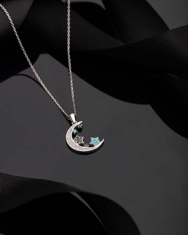 925 Sterling Silver Turquoise Rhodium Moon Star Sky Necklace