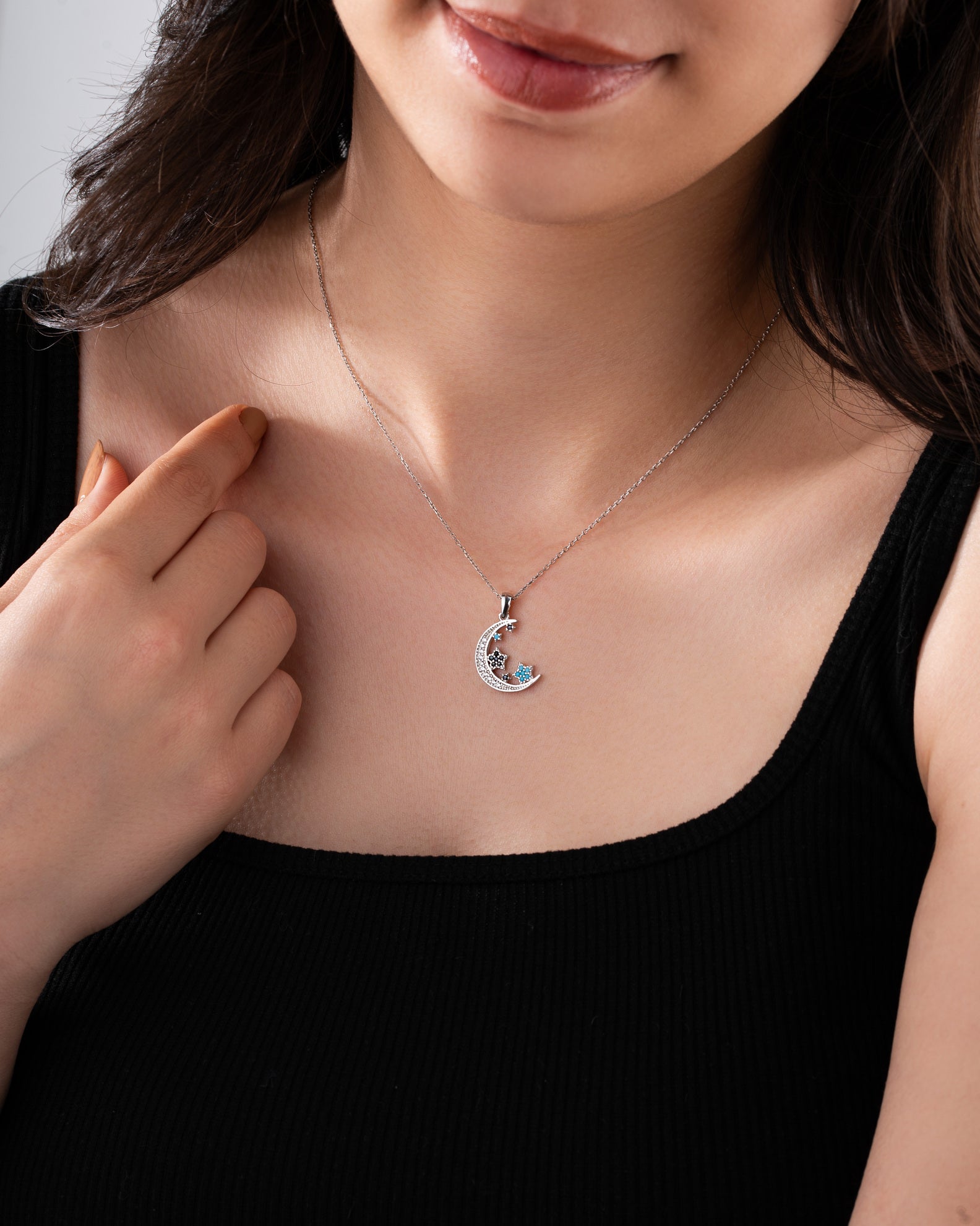 Turquoise Moon Star Sky Necklace Rhodium Plated Silver