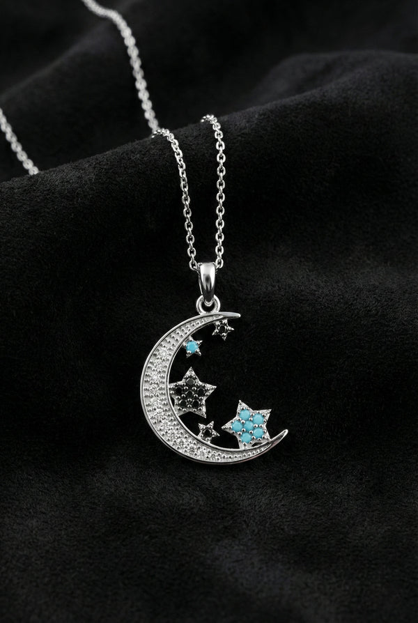 Turquoise Crescent Moon & Stars Necklace | 925 Silver