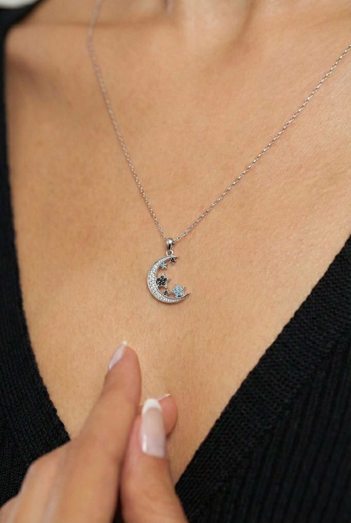Turquoise Crescent Moon & Stars Necklace | 925 Silver
