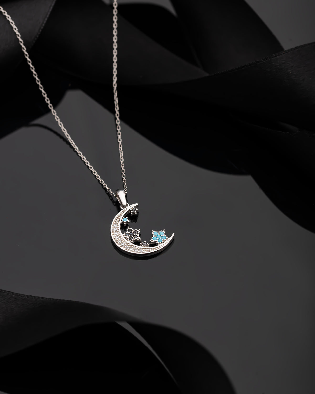 Turquoise Crescent Moon & Stars Necklace | 925 Silver