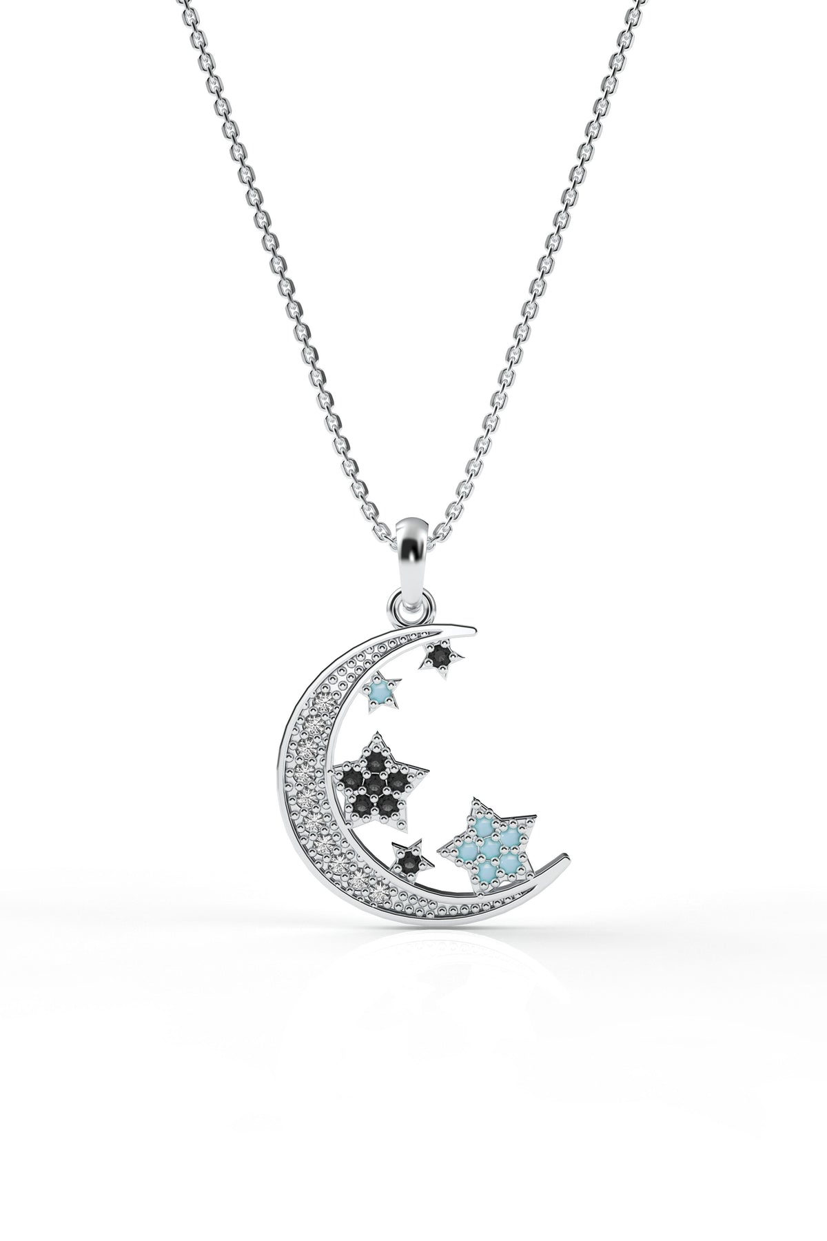 Turquoise Crescent Moon & Stars Necklace | 925 Silver