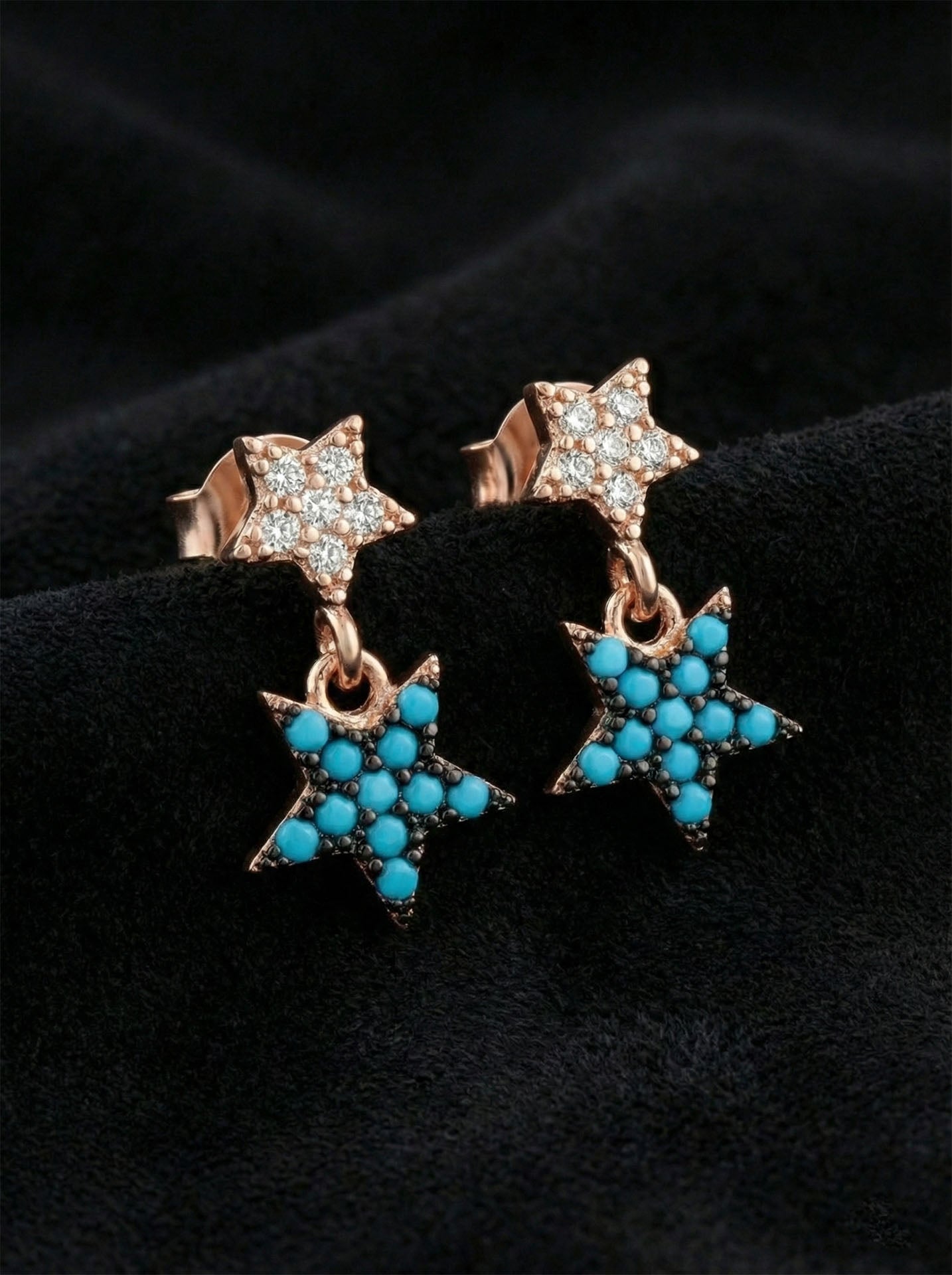 925 Sterling Silver Rose Two-Row Star Studded Turquoise Earrings