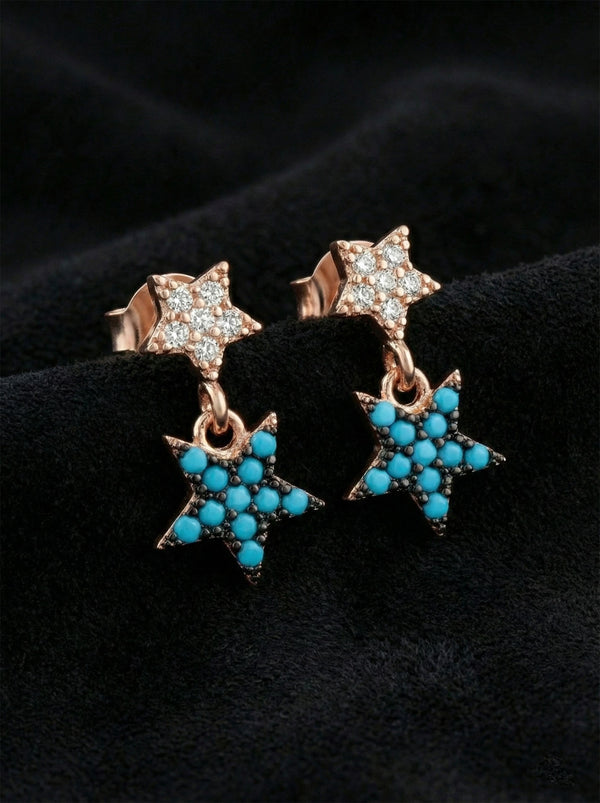925 Sterling Silver Rose Two-Row Star Studded Turquoise Earrings