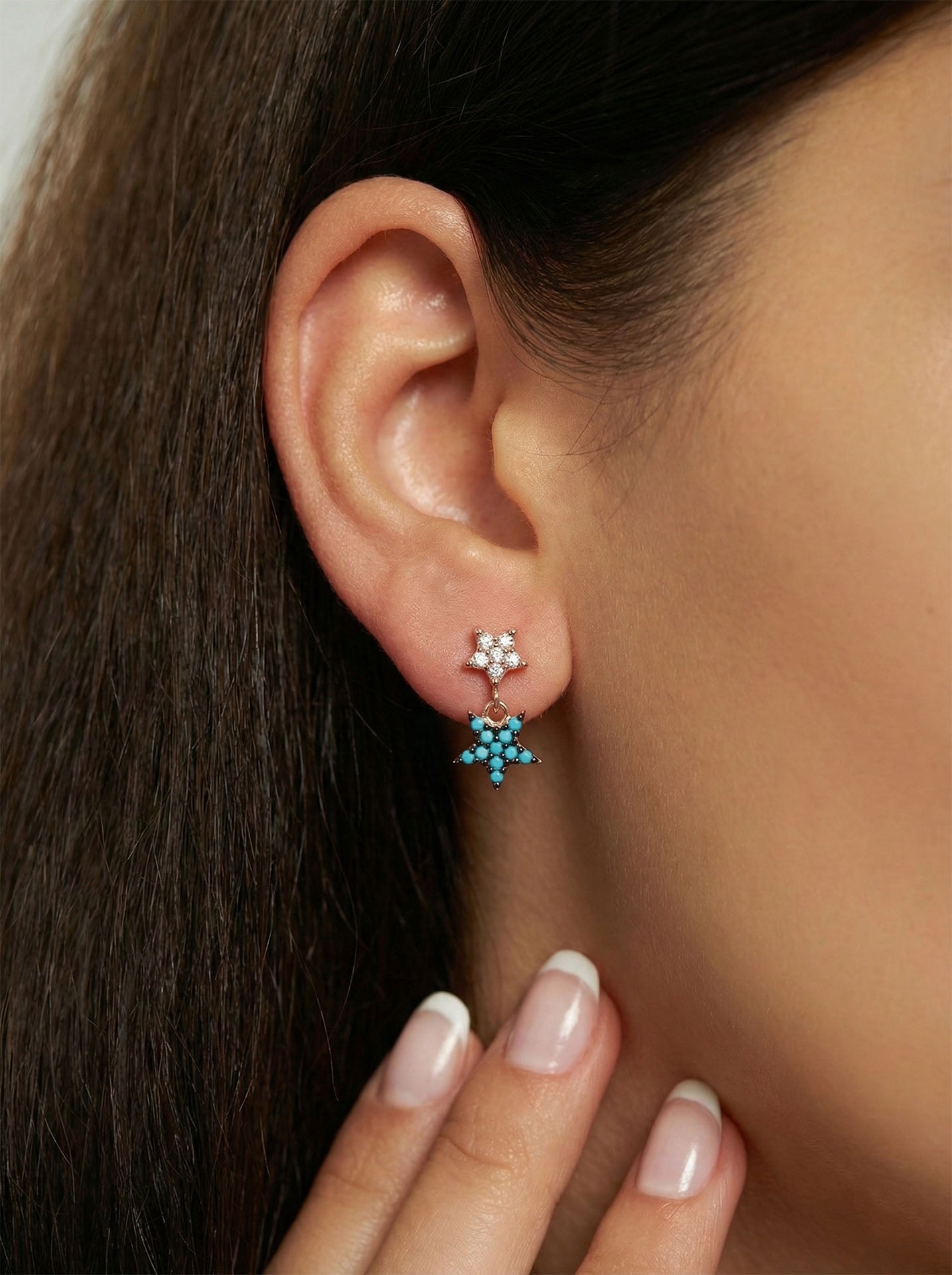 Turquoise Double-Row Star Stud Earrings Rose Gold Plated Silver