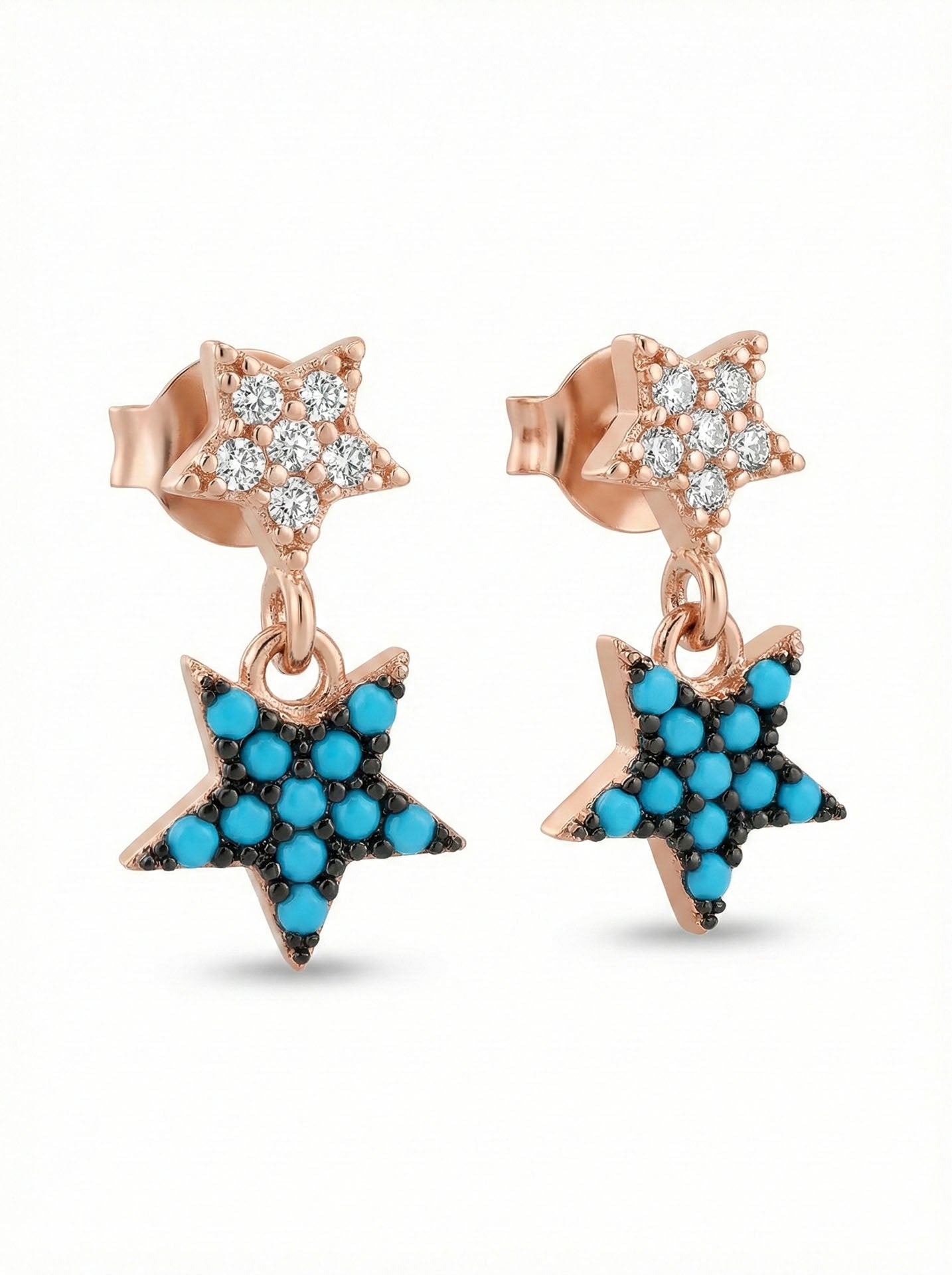 Turquoise Double-Row Star Stud Earrings Rose Gold Plated Silver