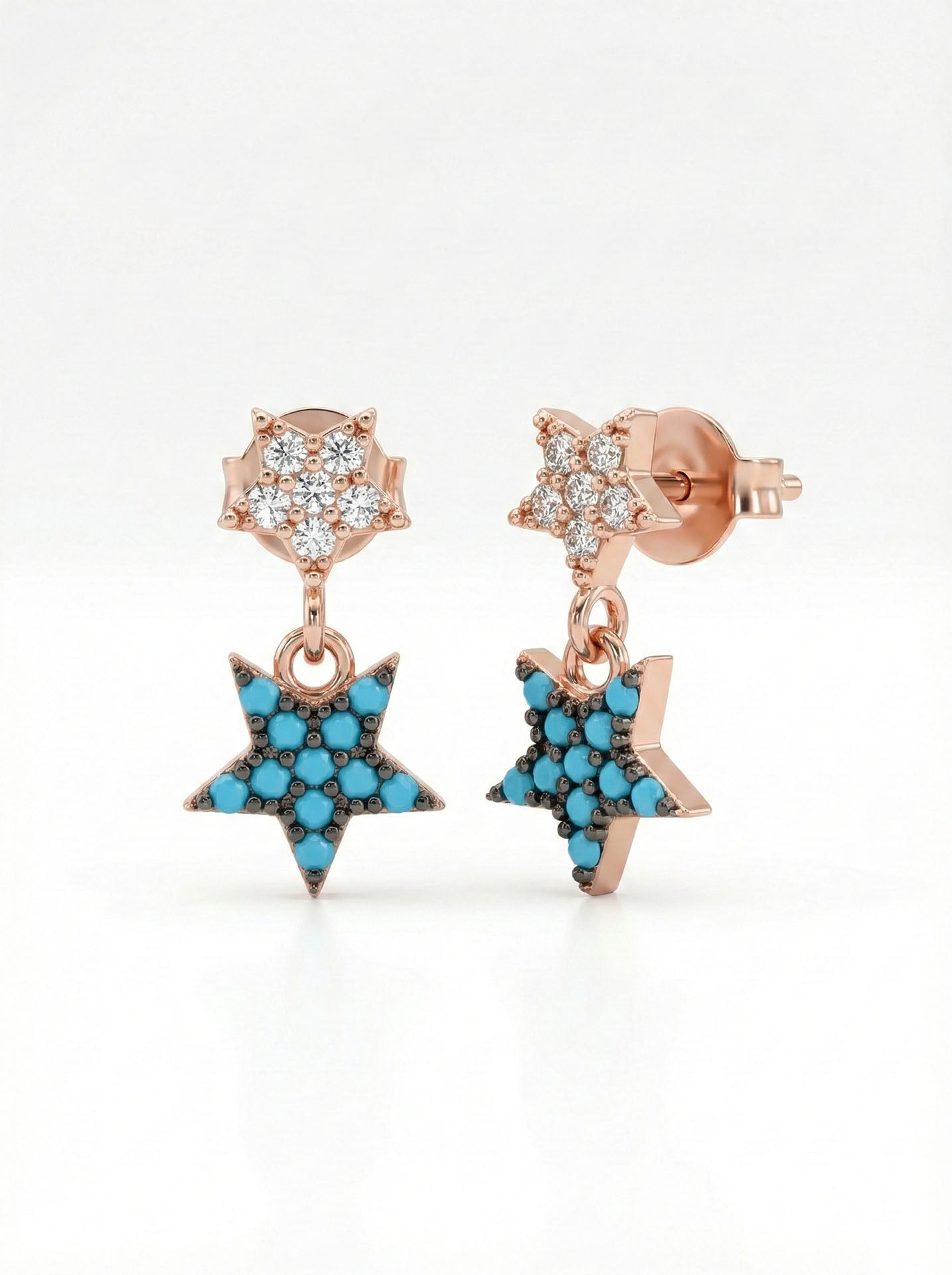 Turquoise Double-Row Star Stud Earrings Rose Gold Plated Silver