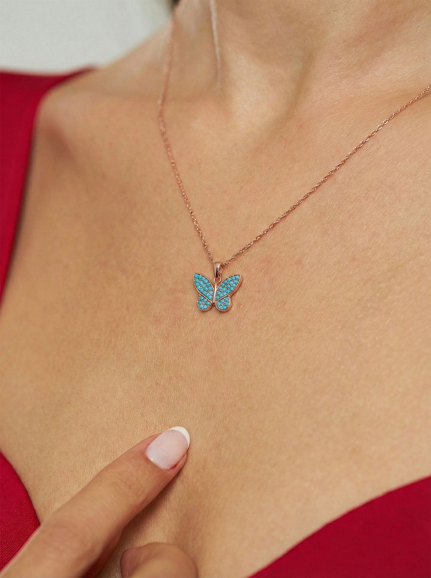 Turquoise Butterfly Necklace Rose Gold Plated Silver