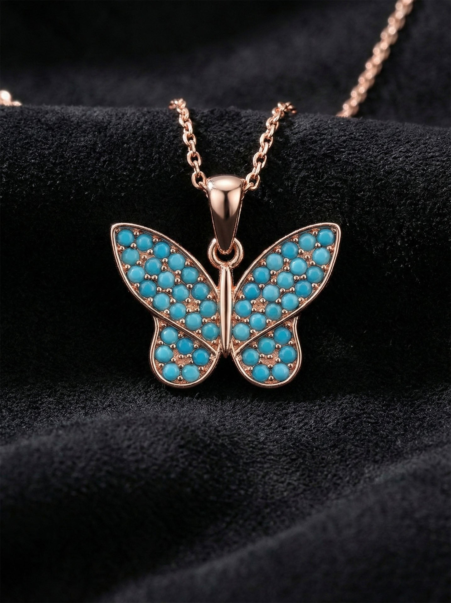 Turquoise Butterfly Necklace Rose Gold Plated Silver