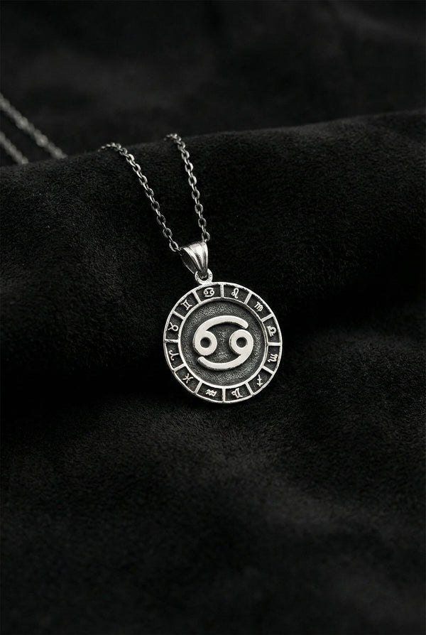 Cancer Zodiac Sign Wheel Medallion Necklace | 925 Silver